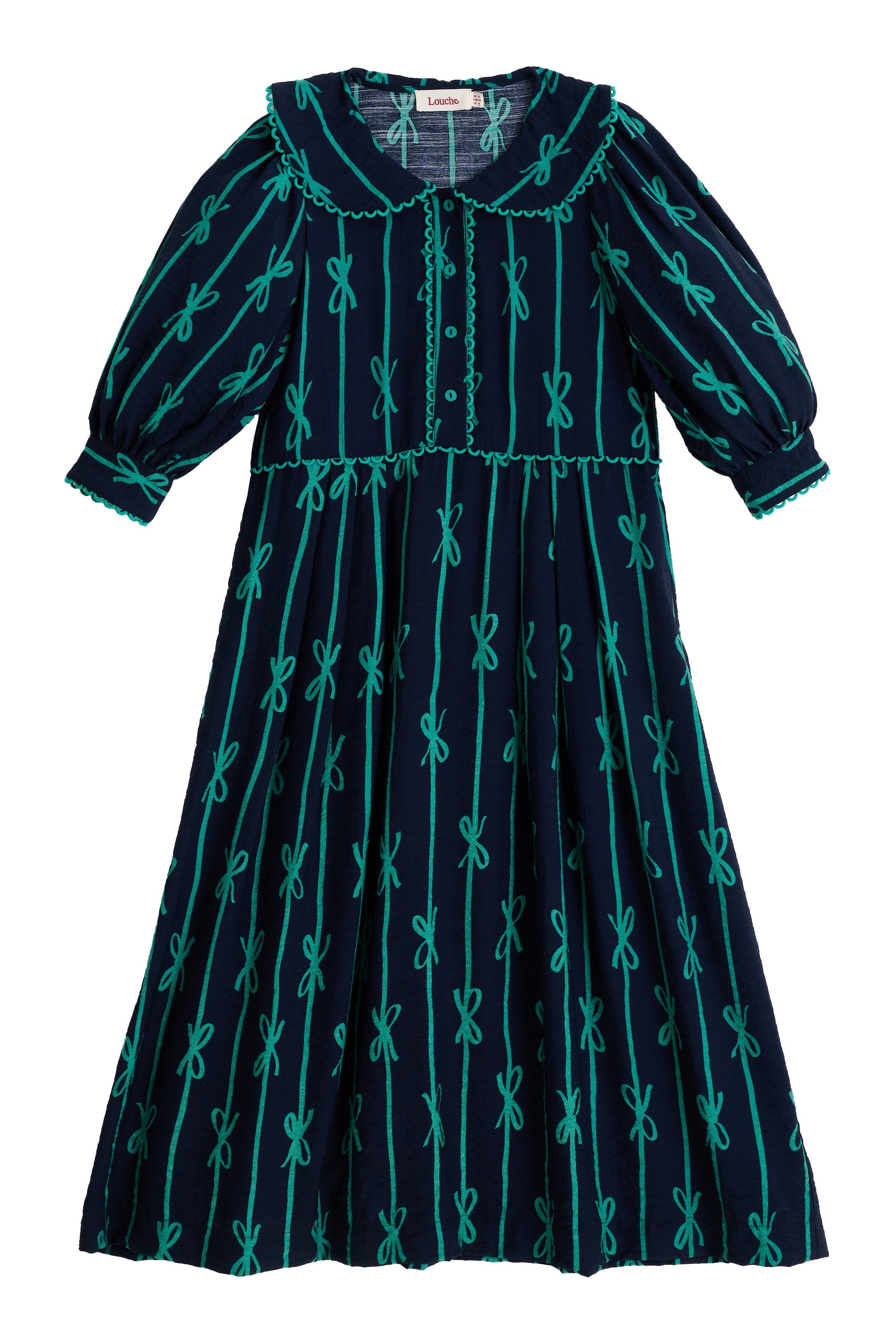 Caris Tie Up Statement Collar 3/4 Sleeve Midi Dress – Navy