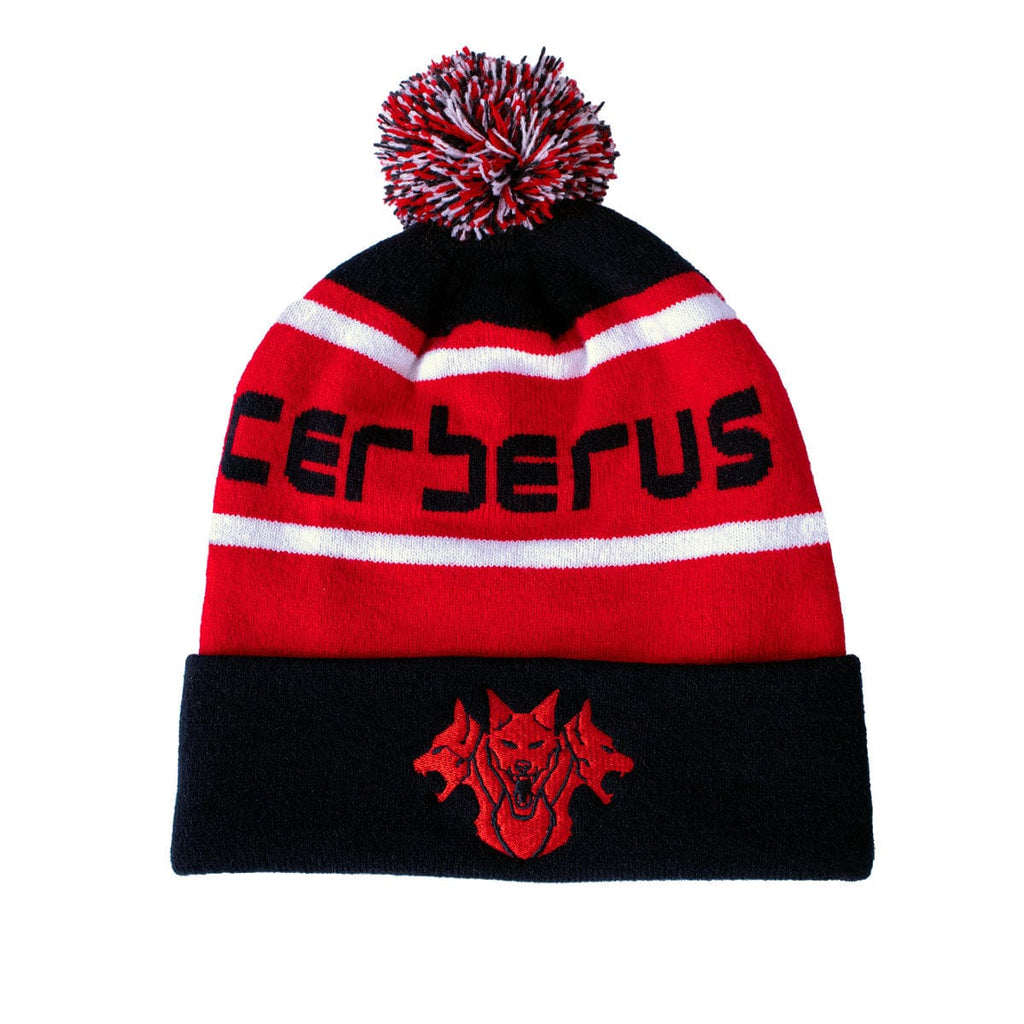CERBERUS Strength Alpine Bobble Beanie – Red & Black Acrylic Knit Hat