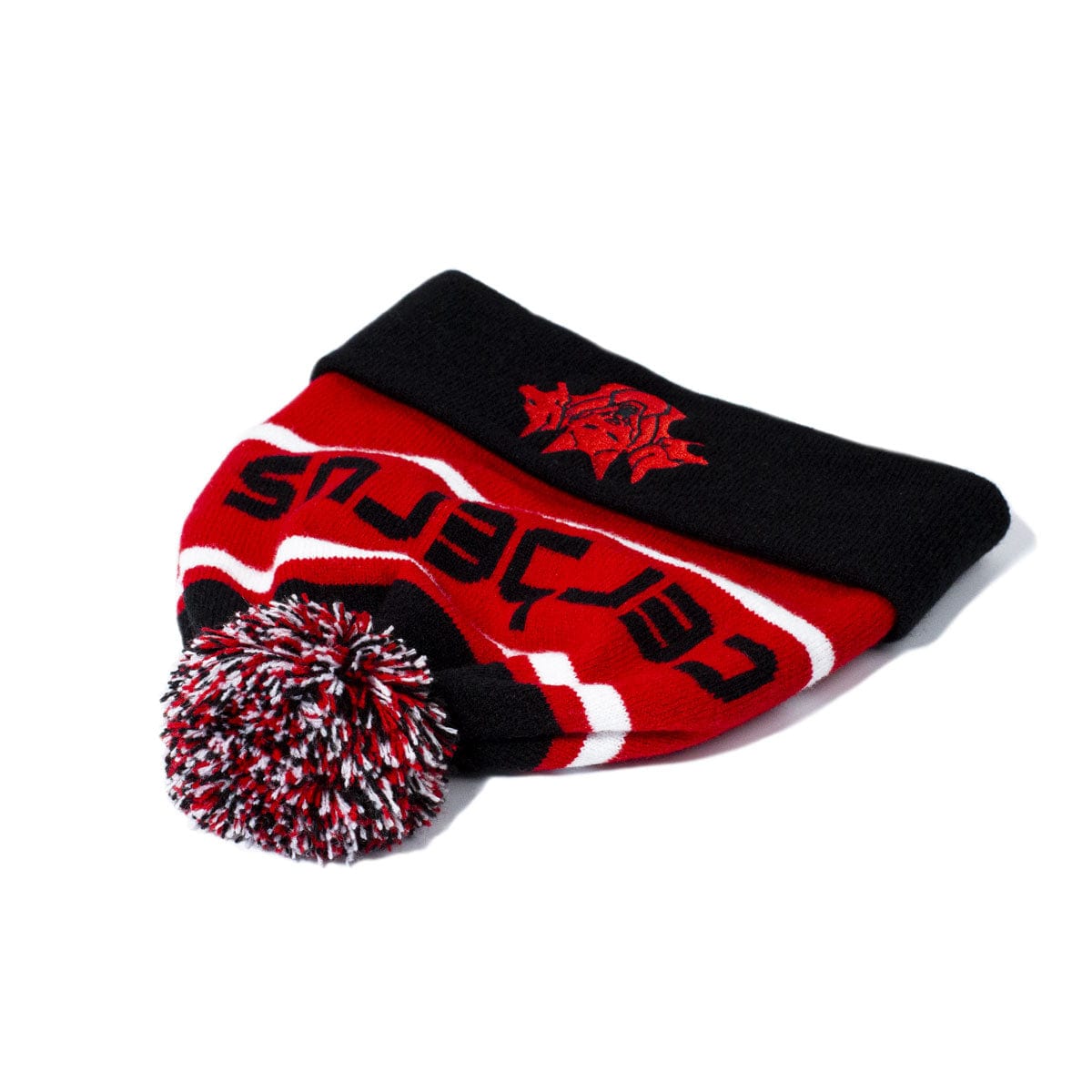 CERBERUS Strength Alpine Bobble Beanie – Red & Black Acrylic Knit Hat