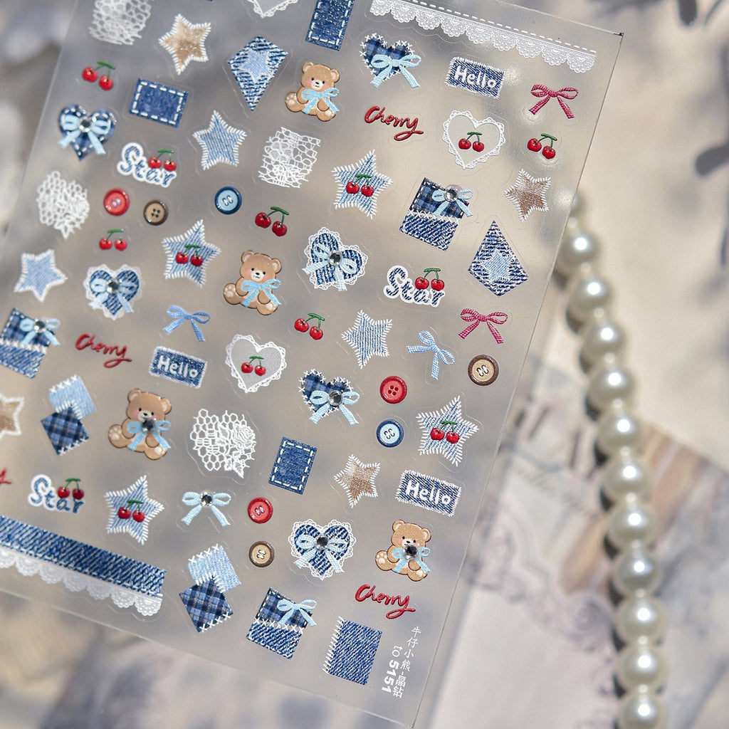 LuLuFun Studio Cherry Bear Jeans Nail Deco Stickers - DIY Manicure Art
