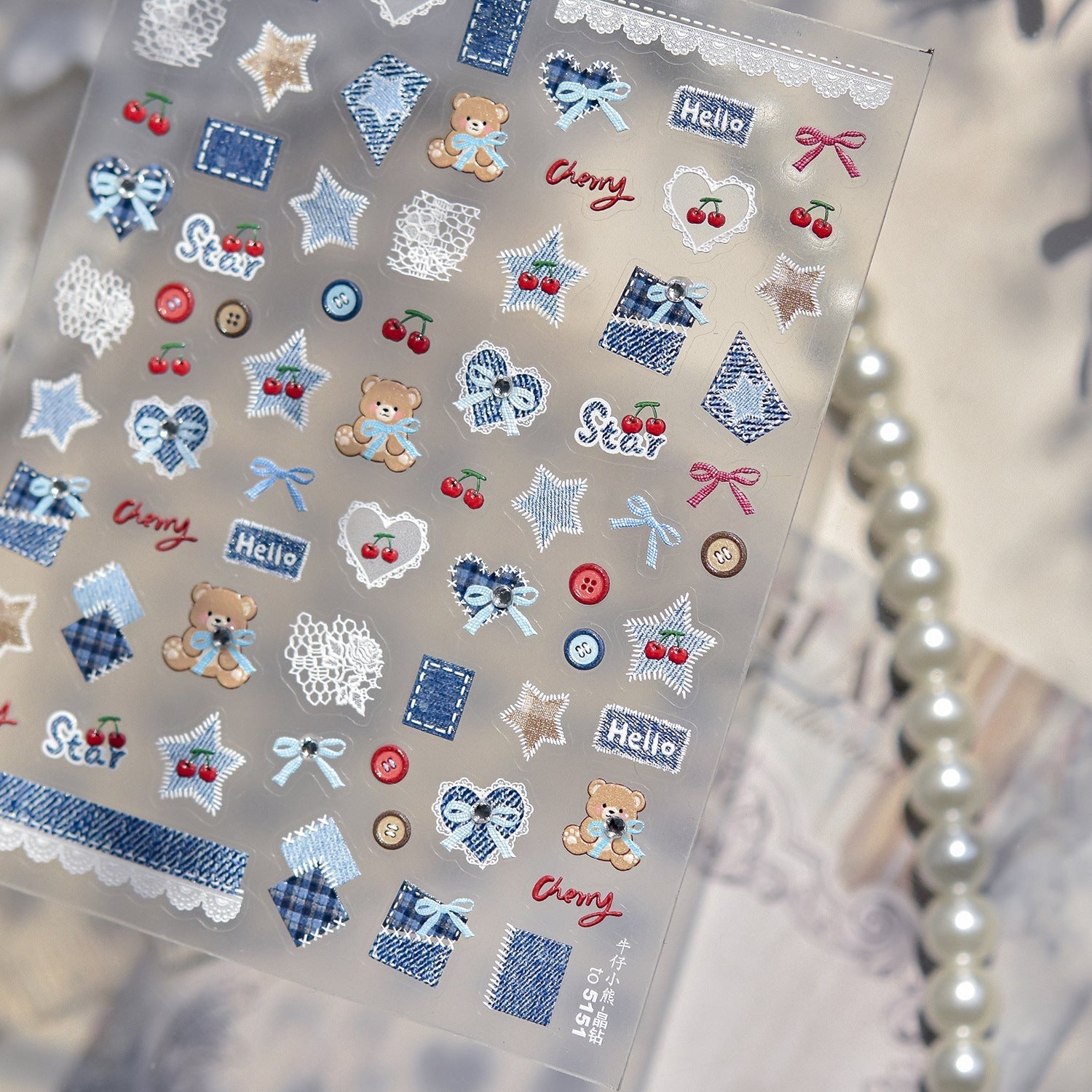 LuLuFun Studio Cherry Bear Jeans Nail Deco Stickers - DIY Manicure Art