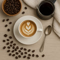 Coffee Flat Lay Stock Photo -Latte Art & Beans | Cozy Cafe Scene for Social Media, Blogs, Canva | Digital JPG Download