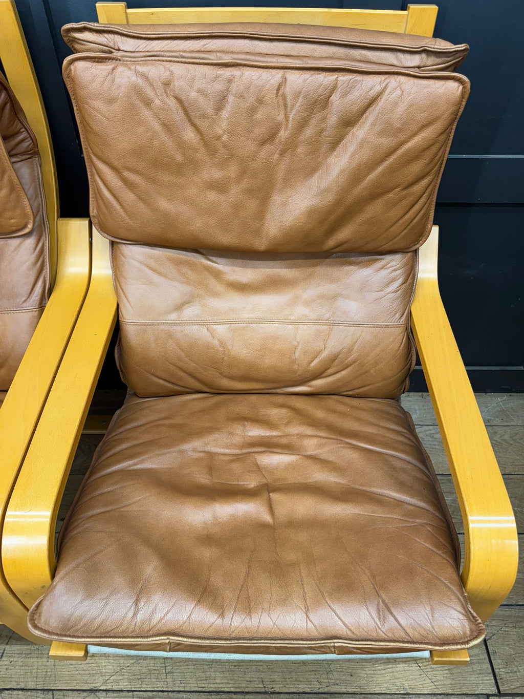 Vintage Pair Of IKEA Poäng Lounge Chairs with Footstool – Armchairs Tan Leather
