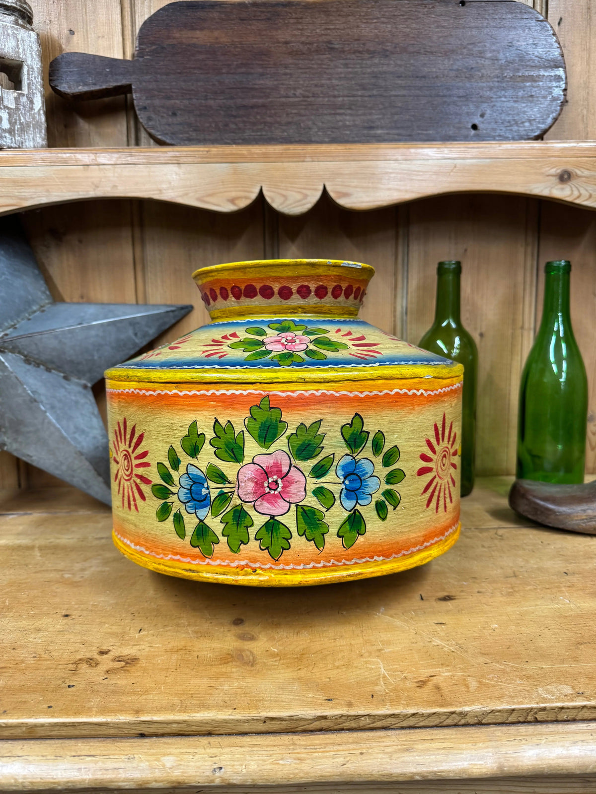 Rustic Warehouse Norfolk Vintage Hand Painted Indian Metal Water Pot