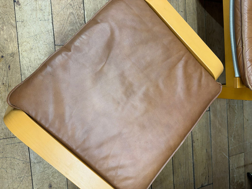 Vintage Pair Of IKEA Poäng Lounge Chairs with Footstool – Armchairs Tan Leather