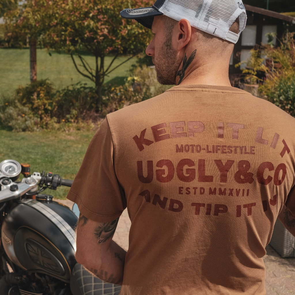 Uggly and Co Malt Brown Flat Track Racing Heavyweight Cotton T-Shirt