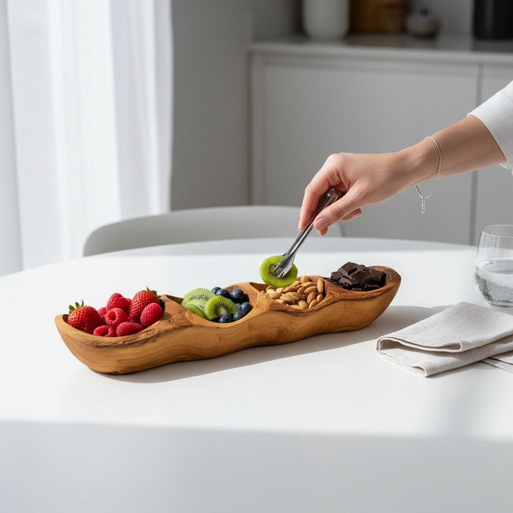 Handcrafted Olive Wood Divided Serving Dish | 2, 3, or 4 Compartment Appetizer Tray | Individual or 3-Piece Set
