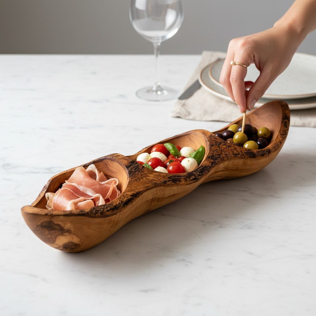 Handcrafted Olive Wood Divided Serving Dish | 2, 3, or 4 Compartment Appetizer Tray | Individual or 3-Piece Set