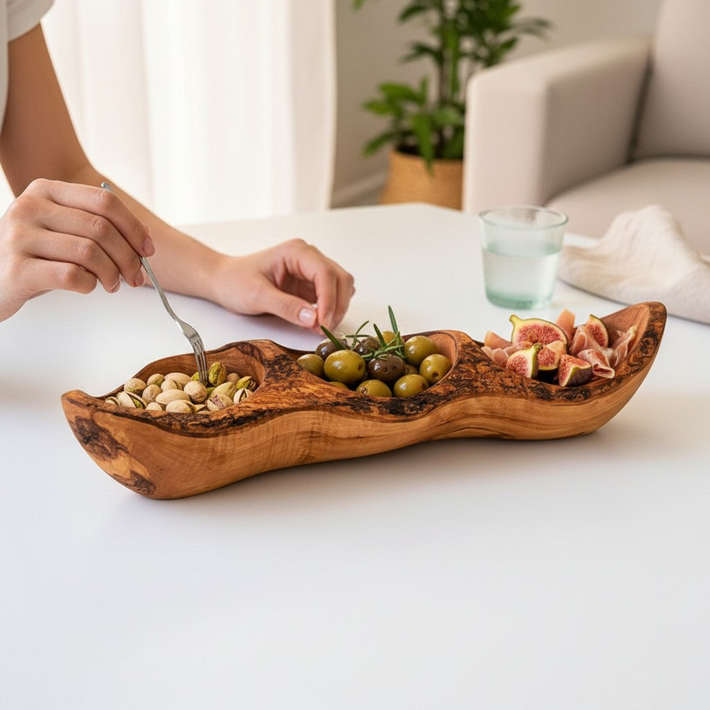 Handcrafted Olive Wood Divided Serving Dish | 2, 3, or 4 Compartment Appetizer Tray | Individual or 3-Piece Set