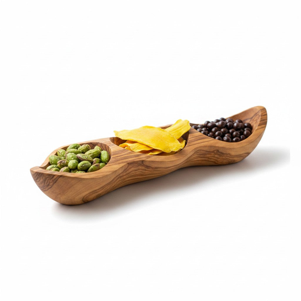 Handcrafted Olive Wood Divided Serving Dish | 2, 3, or 4 Compartment Appetizer Tray | Individual or 3-Piece Set