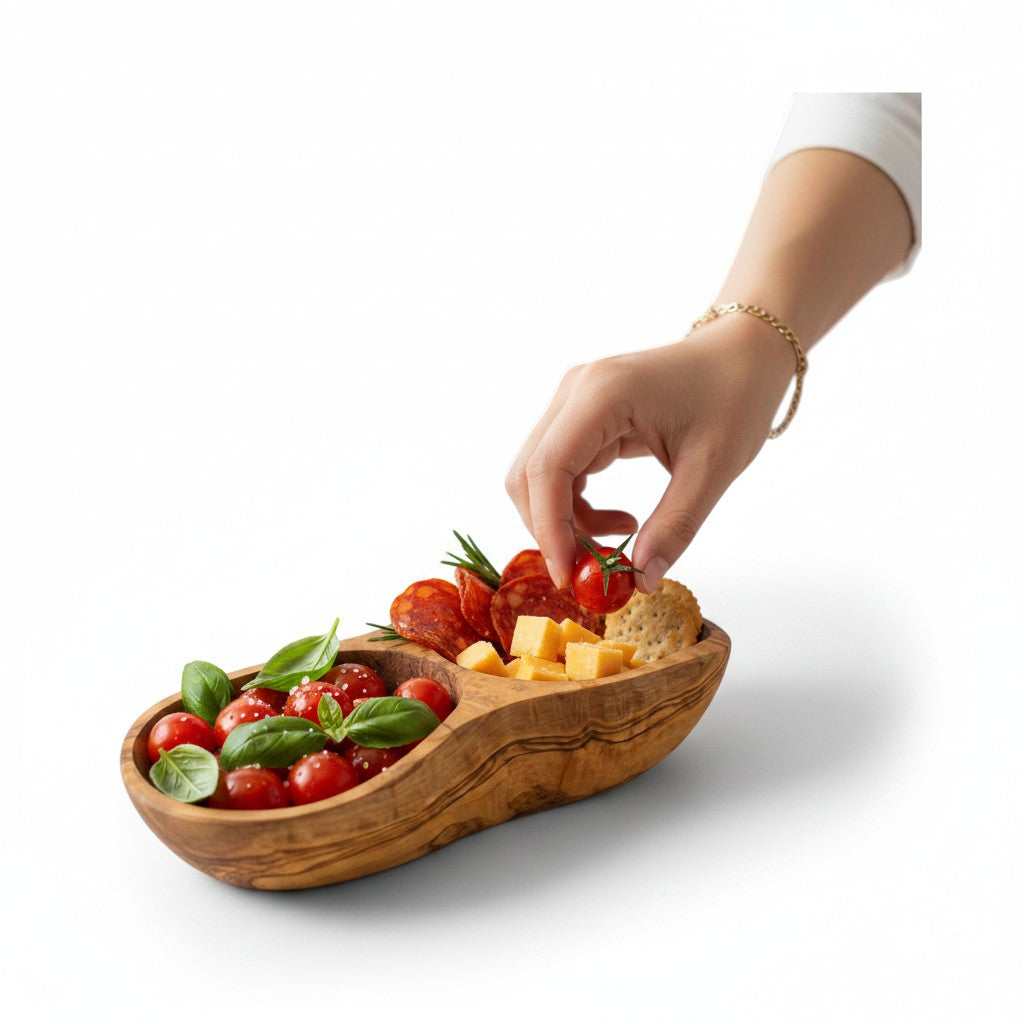 Handcrafted Olive Wood Divided Serving Dish | 2, 3, or 4 Compartment Appetizer Tray | Individual or 3-Piece Set