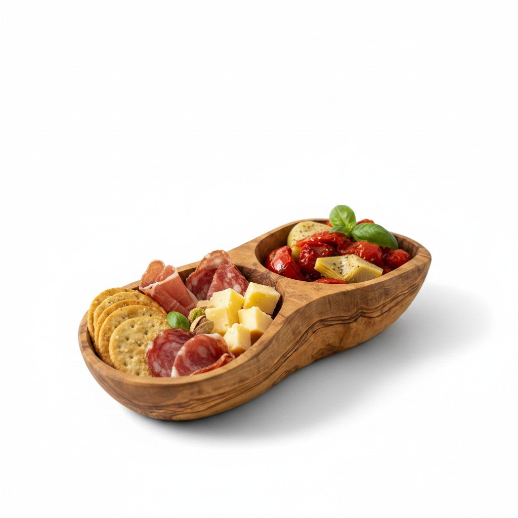 Handcrafted Olive Wood Divided Serving Dish | 2, 3, or 4 Compartment Appetizer Tray | Individual or 3-Piece Set