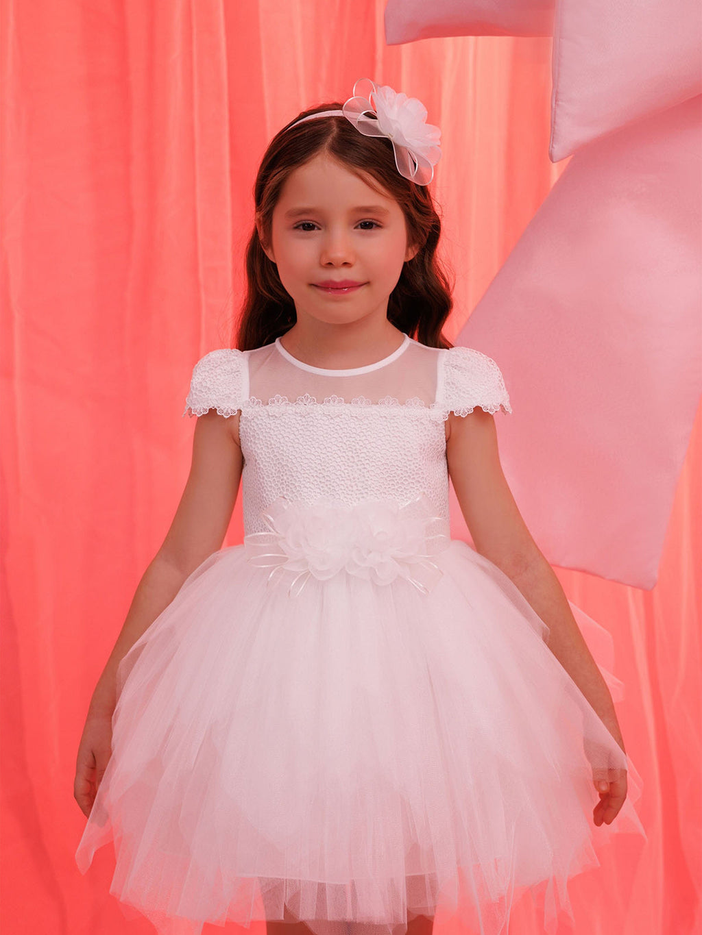 DRESS & Fleur Baby Girls White Lace Dress with Tulle Skirt and Bows