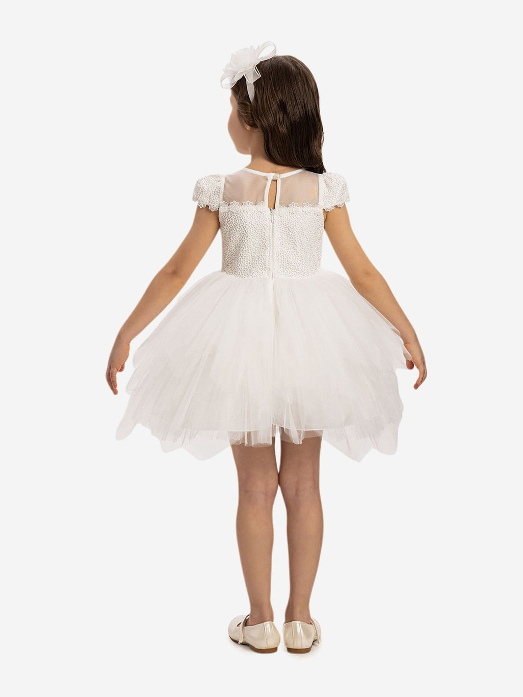 DRESS & Fleur Baby Girls White Lace Dress with Tulle Skirt and Bows