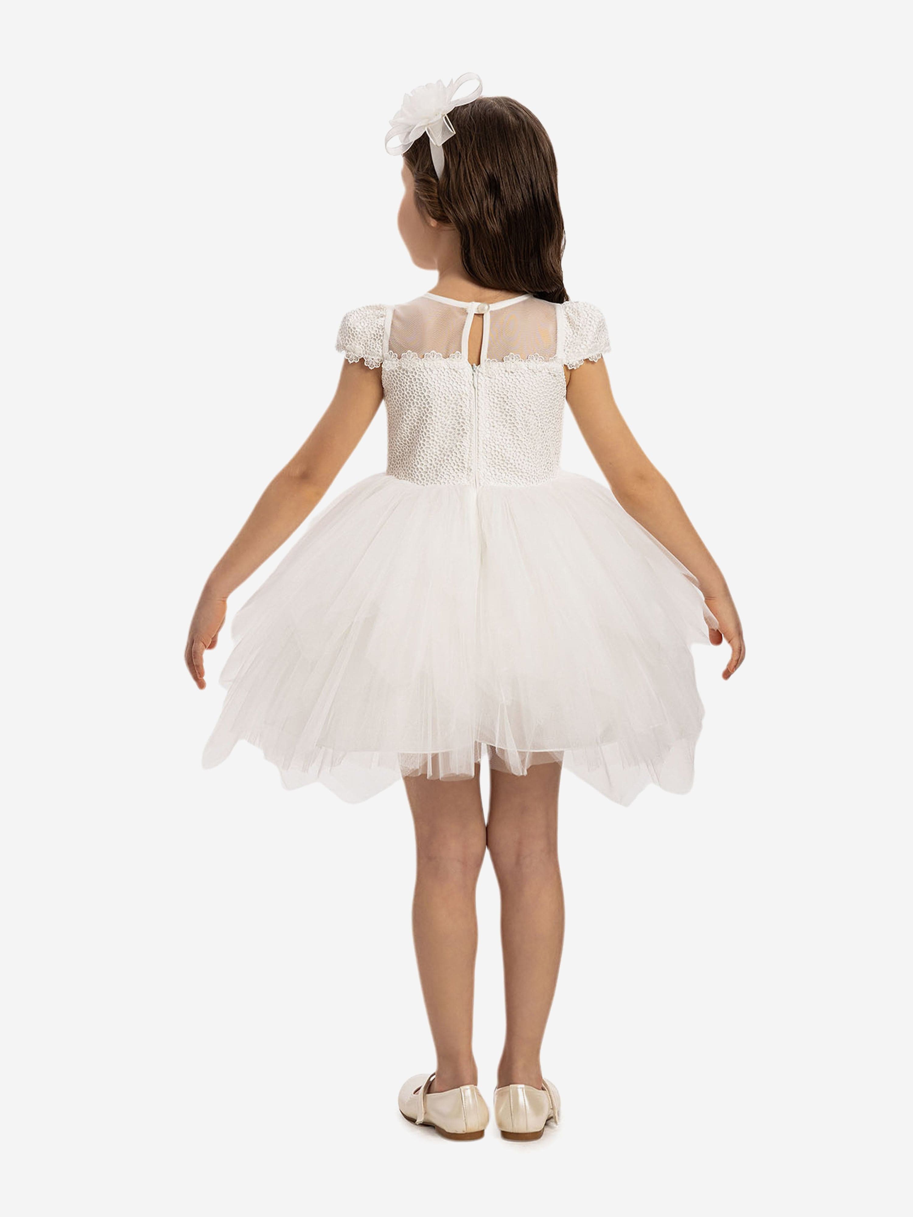 DRESS & Fleur Baby Girls White Lace Dress with Tulle Skirt and Bows