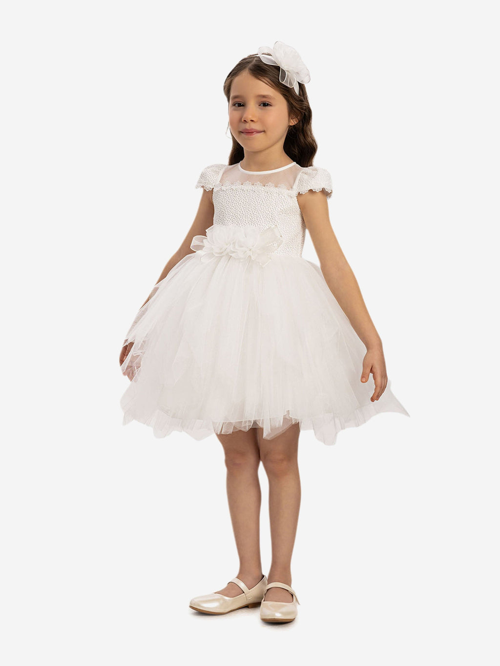 DRESS & Fleur Baby Girls White Lace Dress with Tulle Skirt and Bows