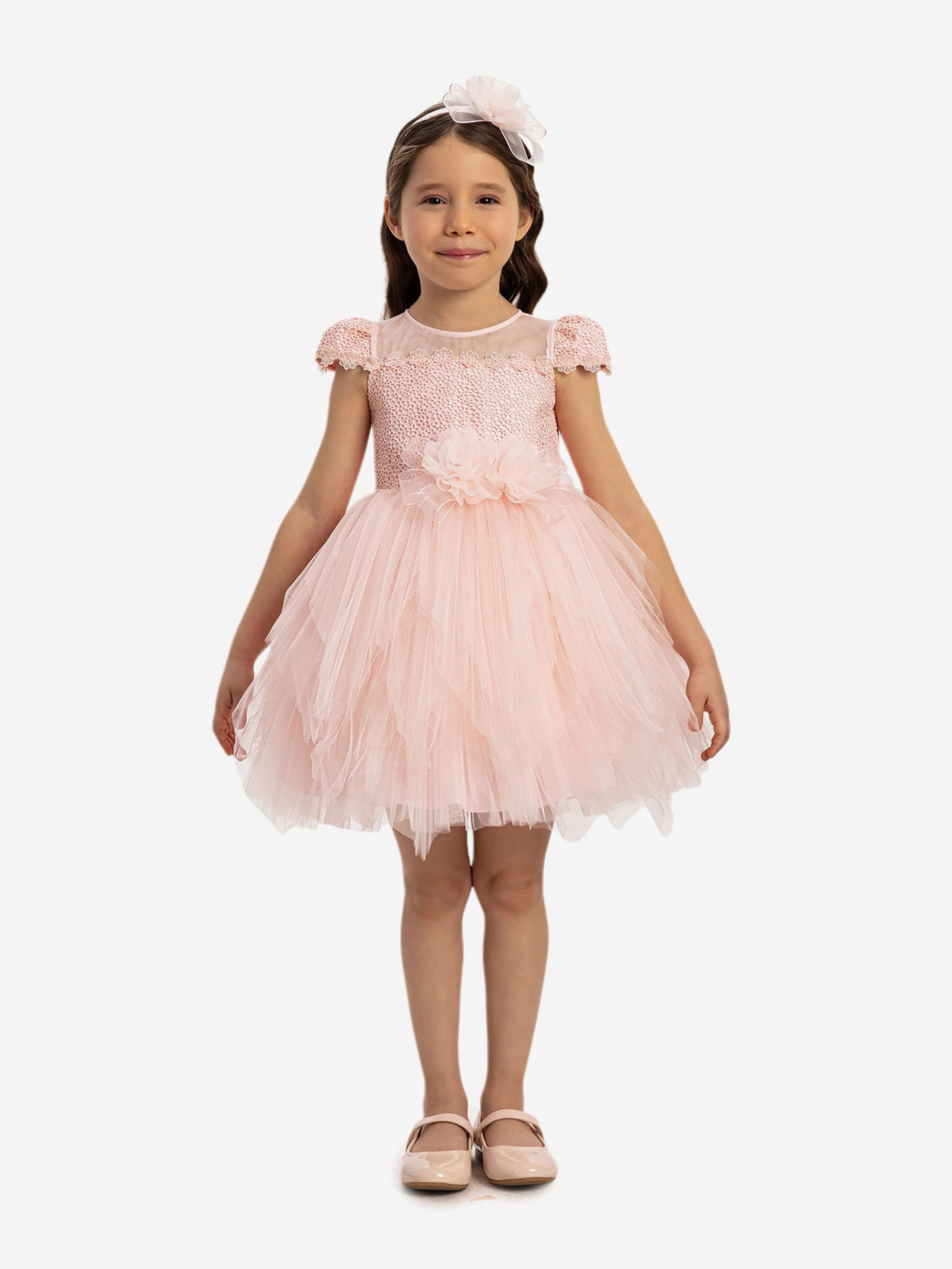 DRESS & Fleur Baby Girls Pink Lace Dress with Tulle Skirt and Bows