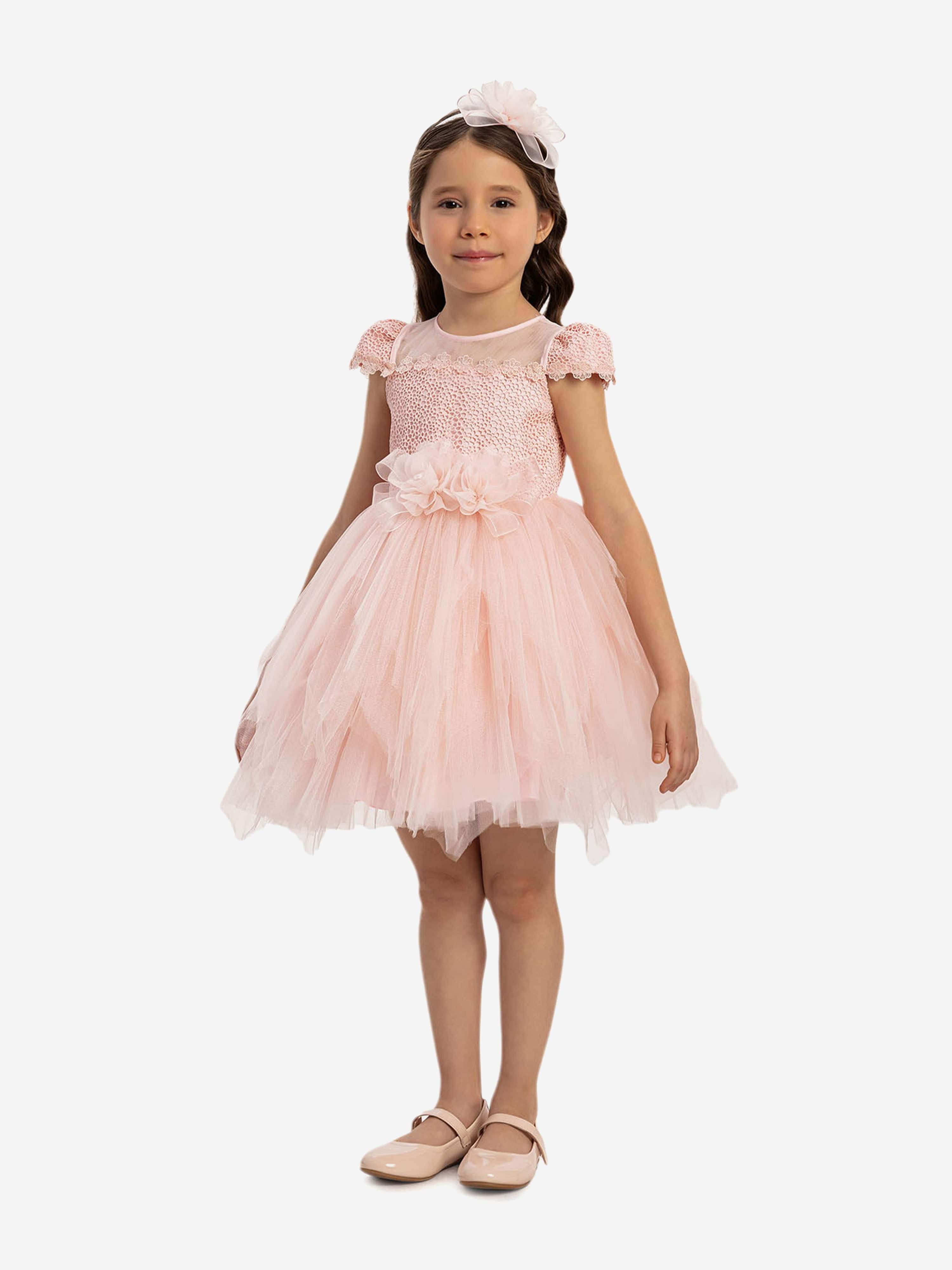 DRESS & Fleur Baby Girls Pink Lace Dress with Tulle Skirt and Bows