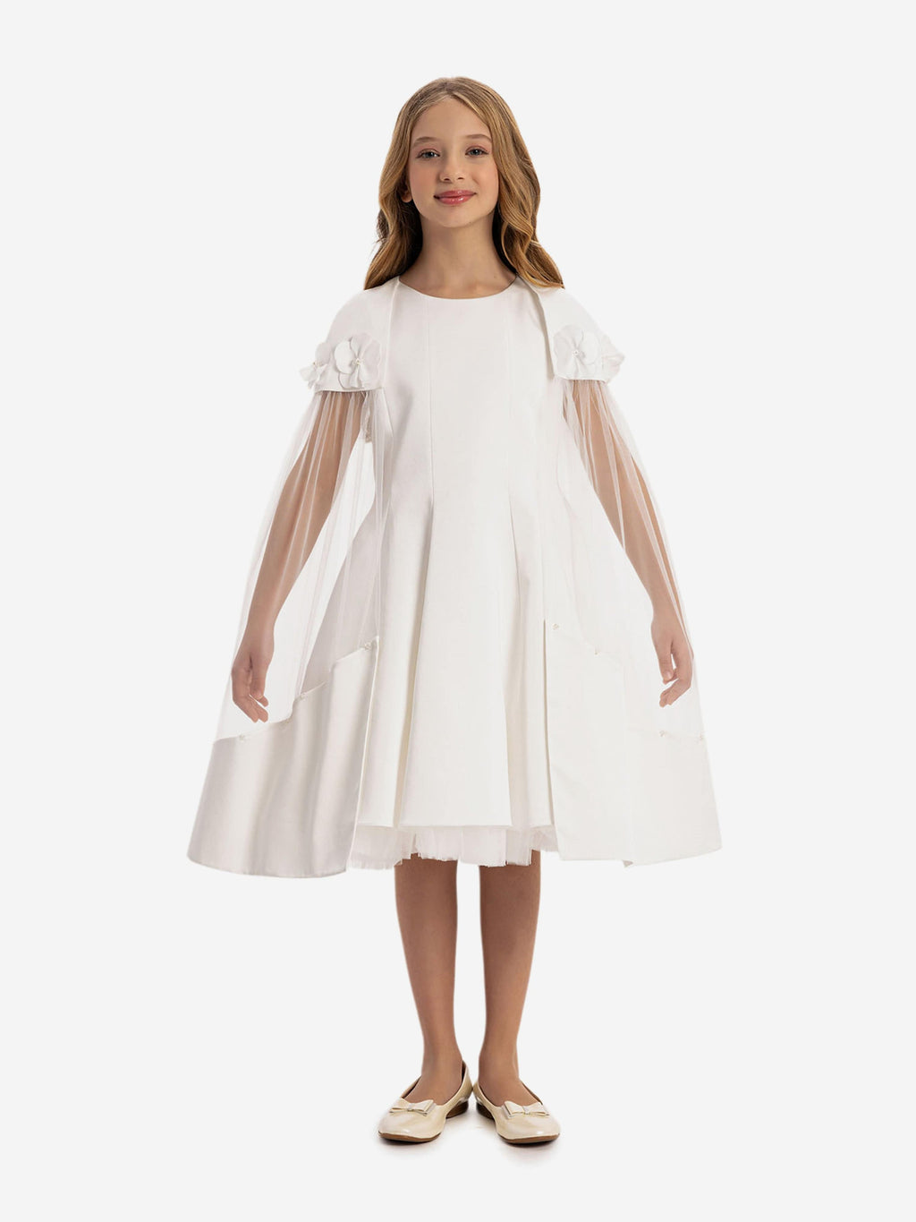 DRESS & Fleur Girls White Satin Dress with Removable Tulle Cape