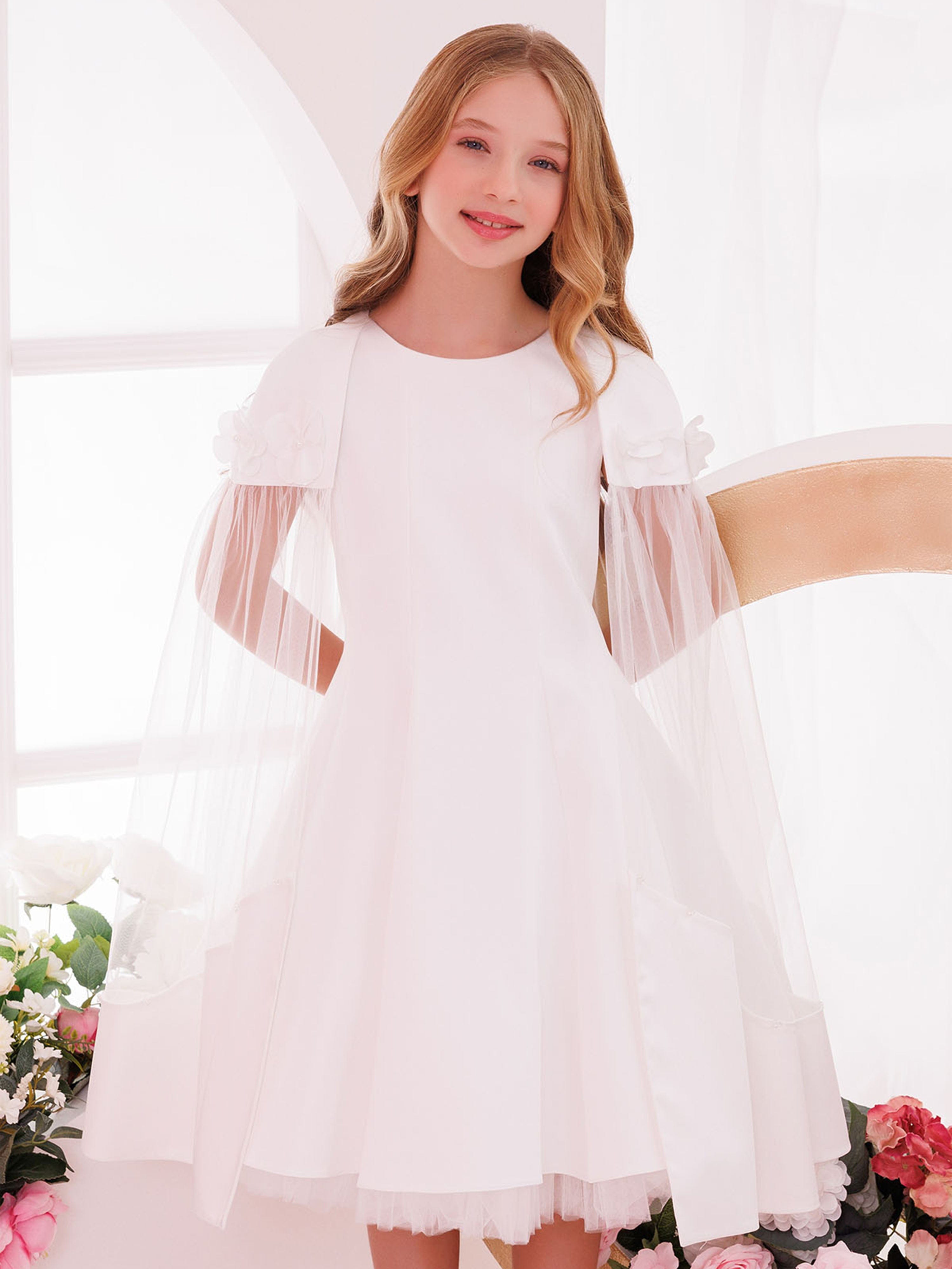 DRESS & Fleur Girls White Satin Dress with Removable Tulle Cape