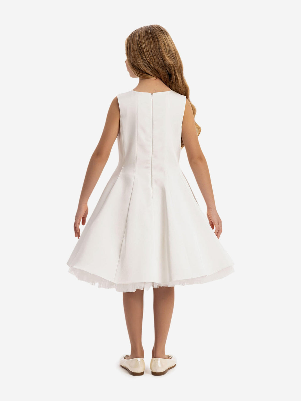 DRESS & Fleur Girls White Satin Dress with Removable Tulle Cape