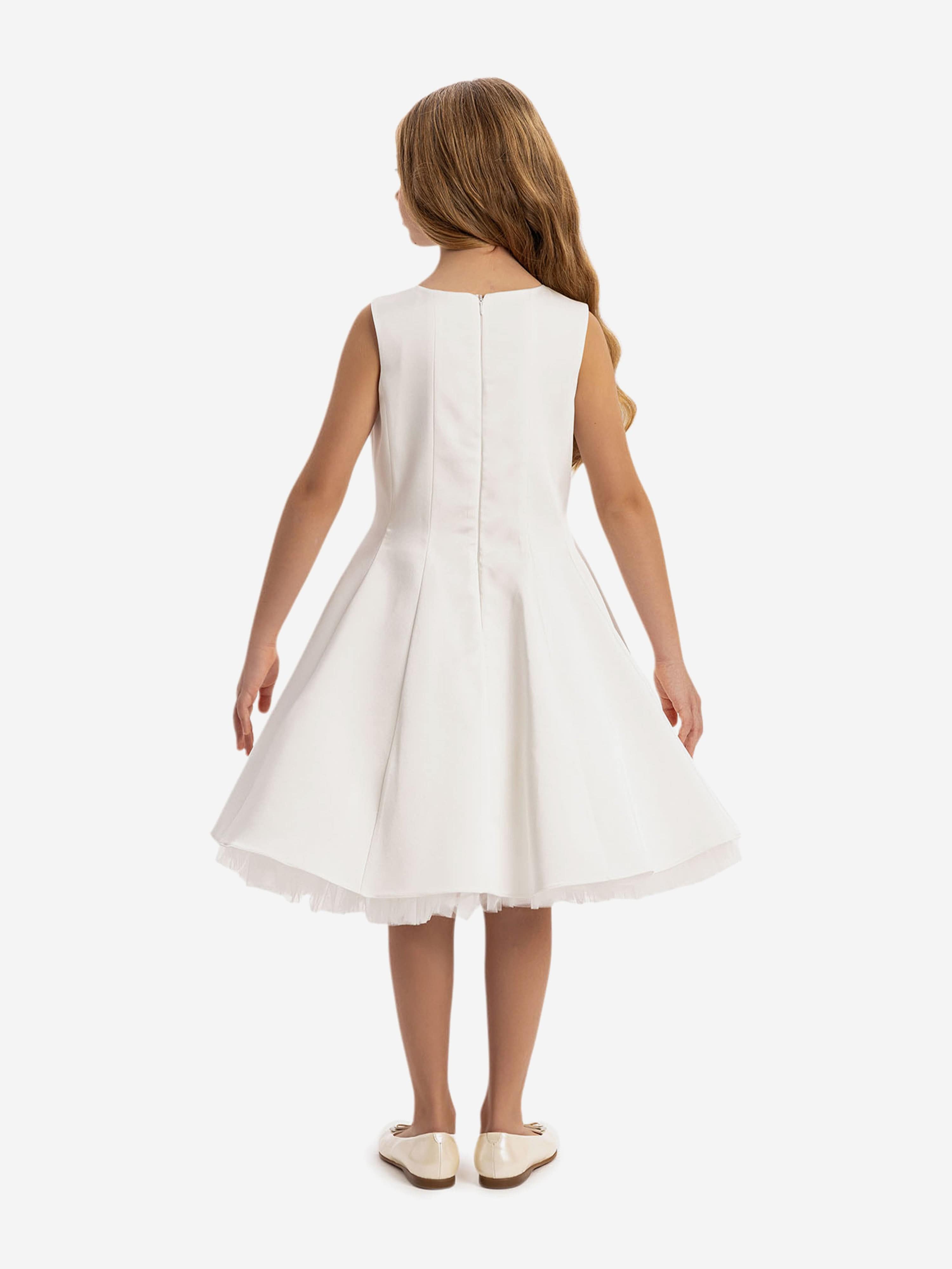 DRESS & Fleur Girls White Satin Dress with Removable Tulle Cape