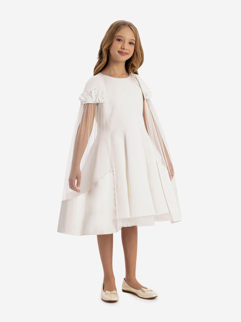 DRESS & Fleur Girls White Satin Dress with Removable Tulle Cape