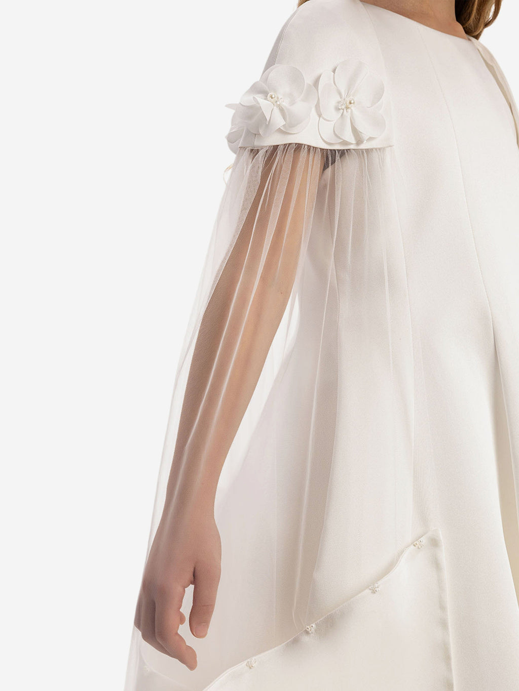 DRESS & Fleur Girls White Satin Dress with Removable Tulle Cape