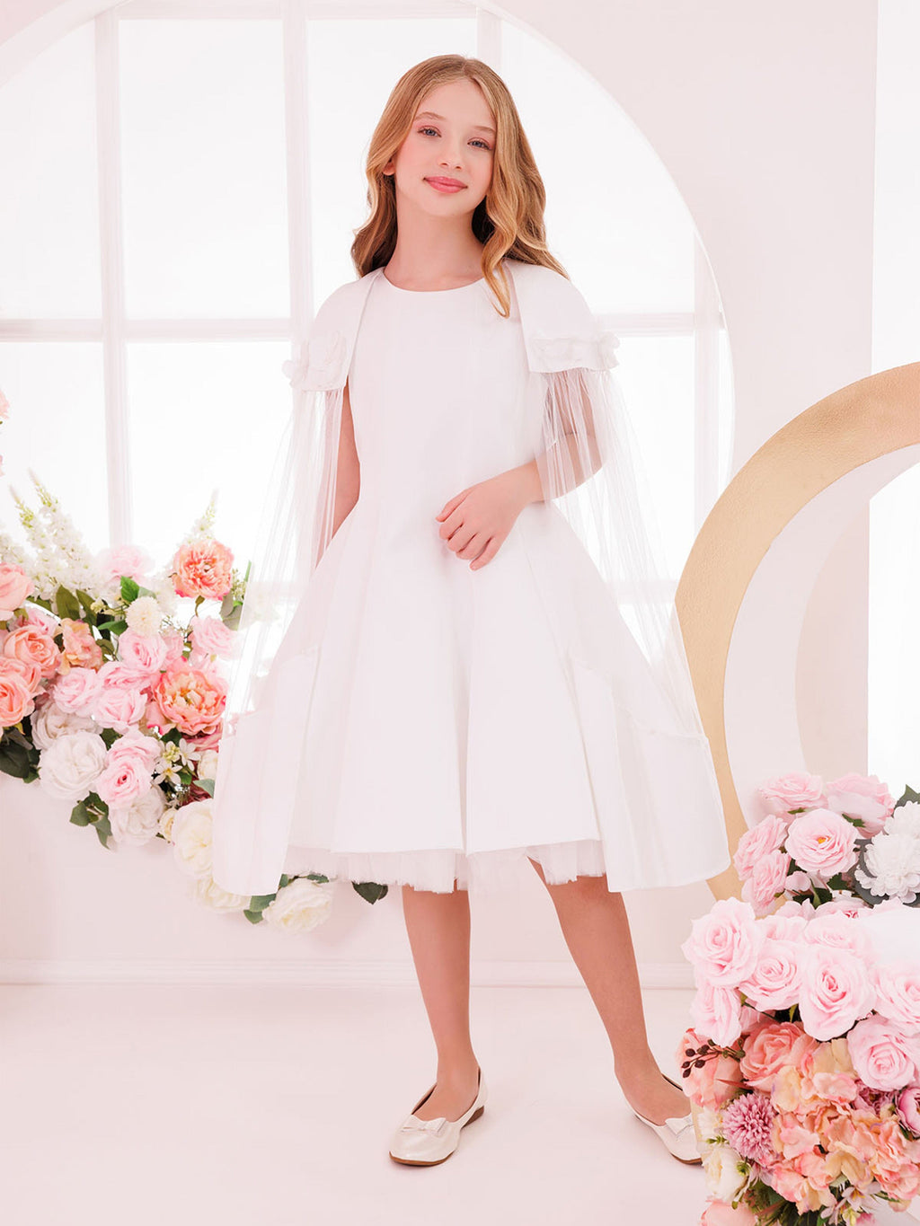 DRESS & Fleur Girls White Satin Dress with Removable Tulle Cape