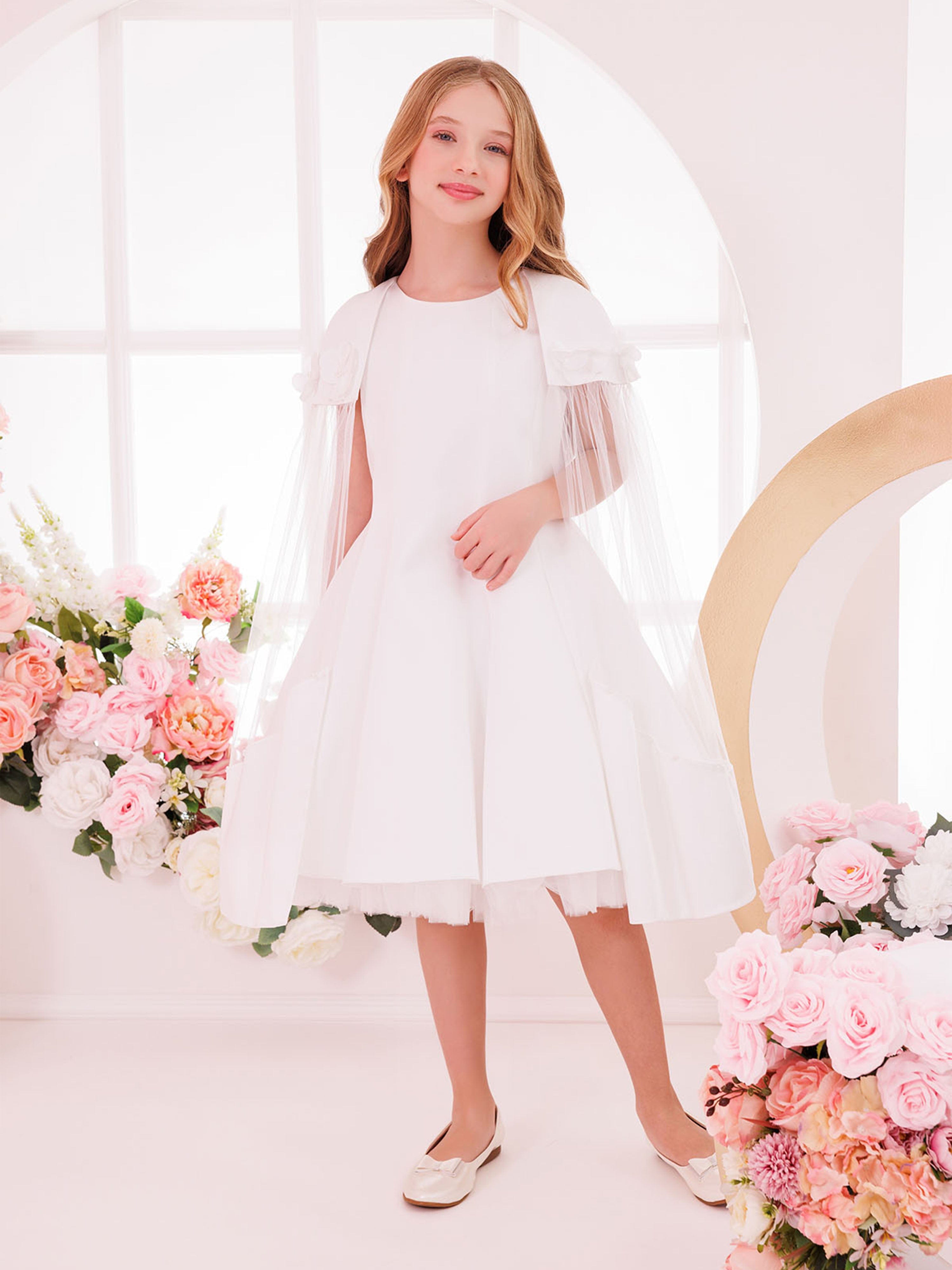 DRESS & Fleur Girls White Satin Dress with Removable Tulle Cape