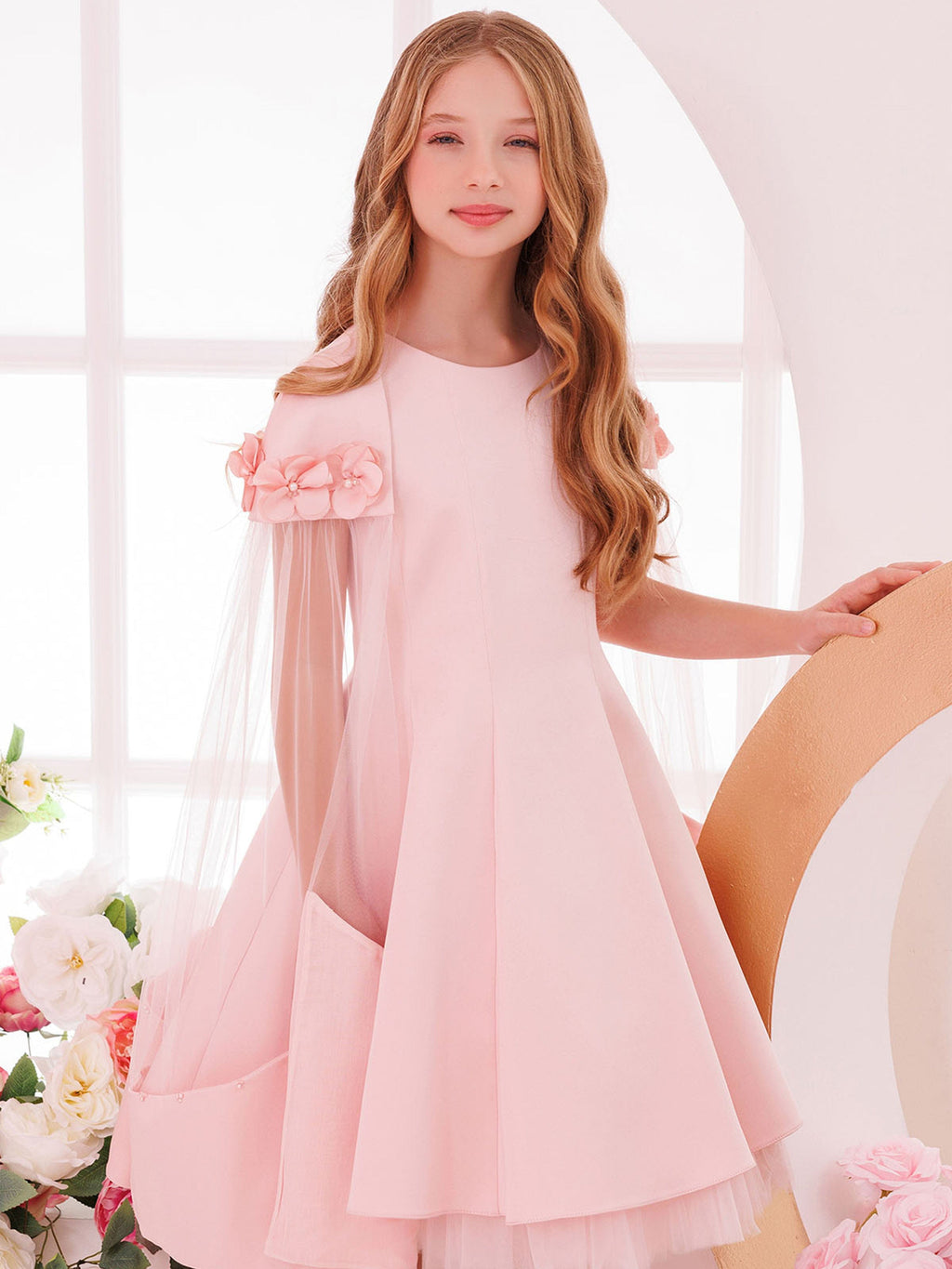 DRESS & Fleur Girls Pink Satin Dress with Removable Cape and Tulle