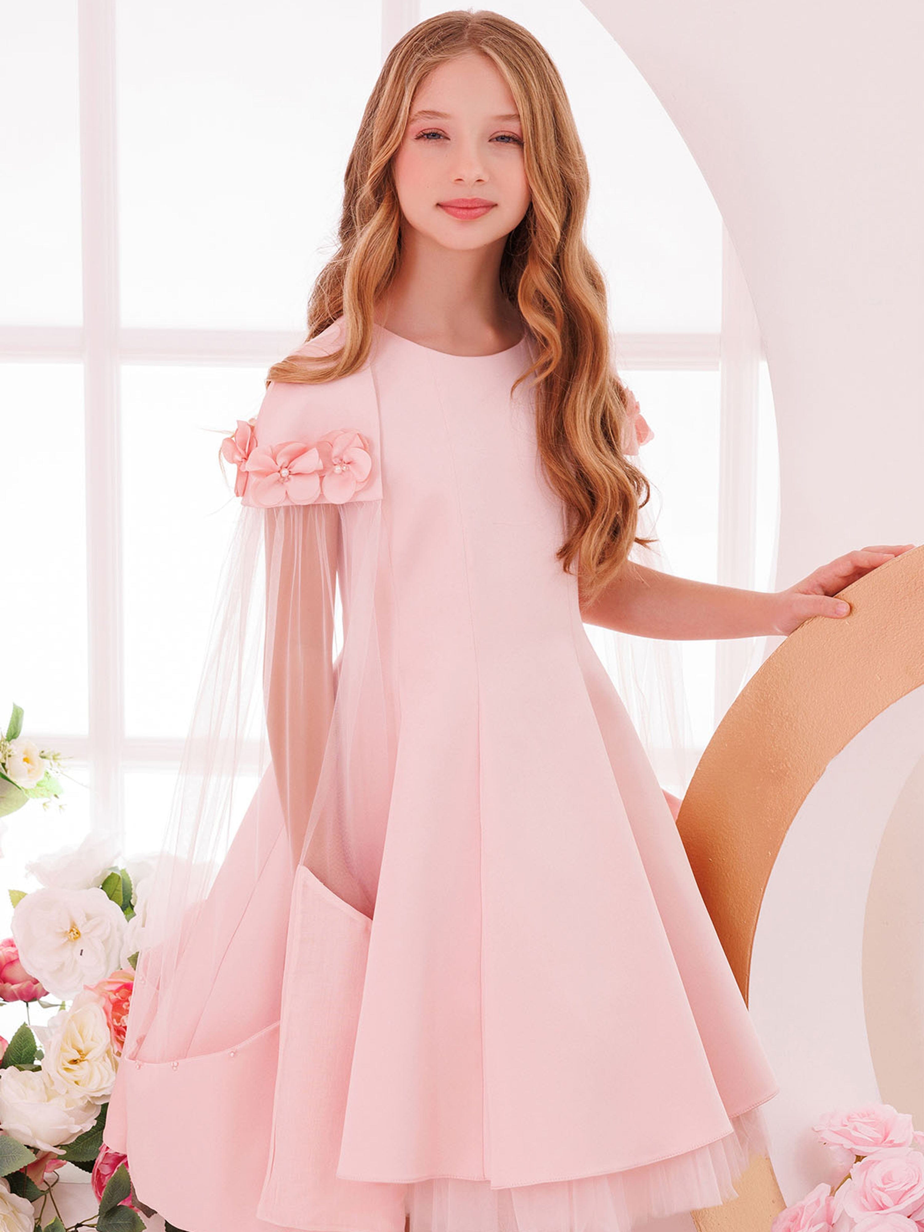 DRESS & Fleur Girls Pink Satin Dress with Removable Cape and Tulle