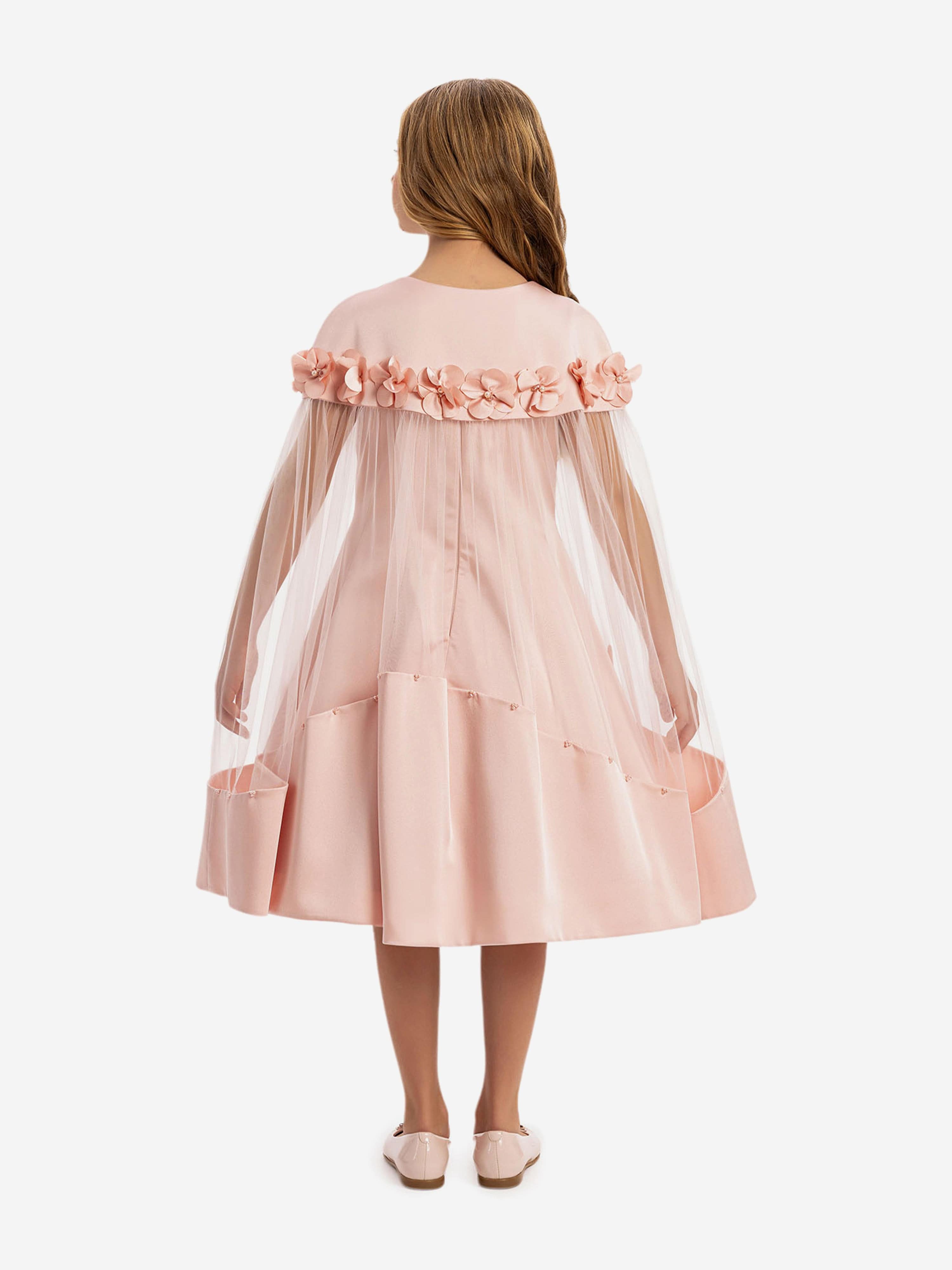 DRESS & Fleur Girls Pink Satin Dress with Removable Cape and Tulle
