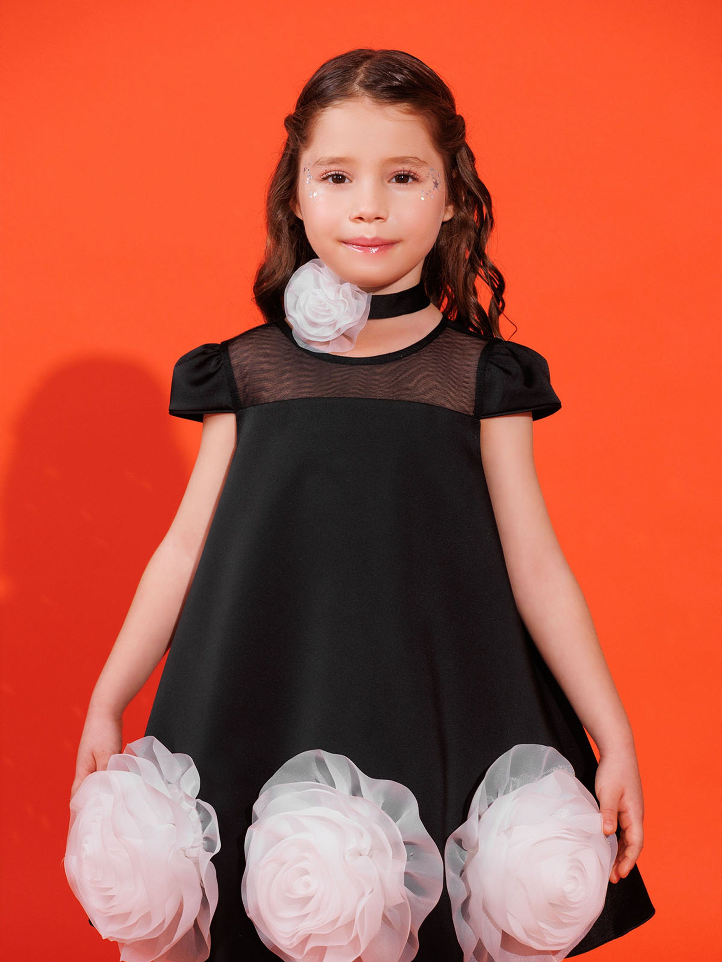 DRESS & Fleur Girls Black Satin Dress with Flower Choker and 3D Hem