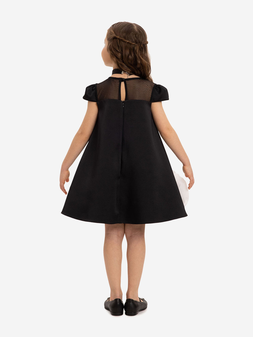 DRESS & Fleur Girls Black Satin Dress with Flower Choker and 3D Hem
