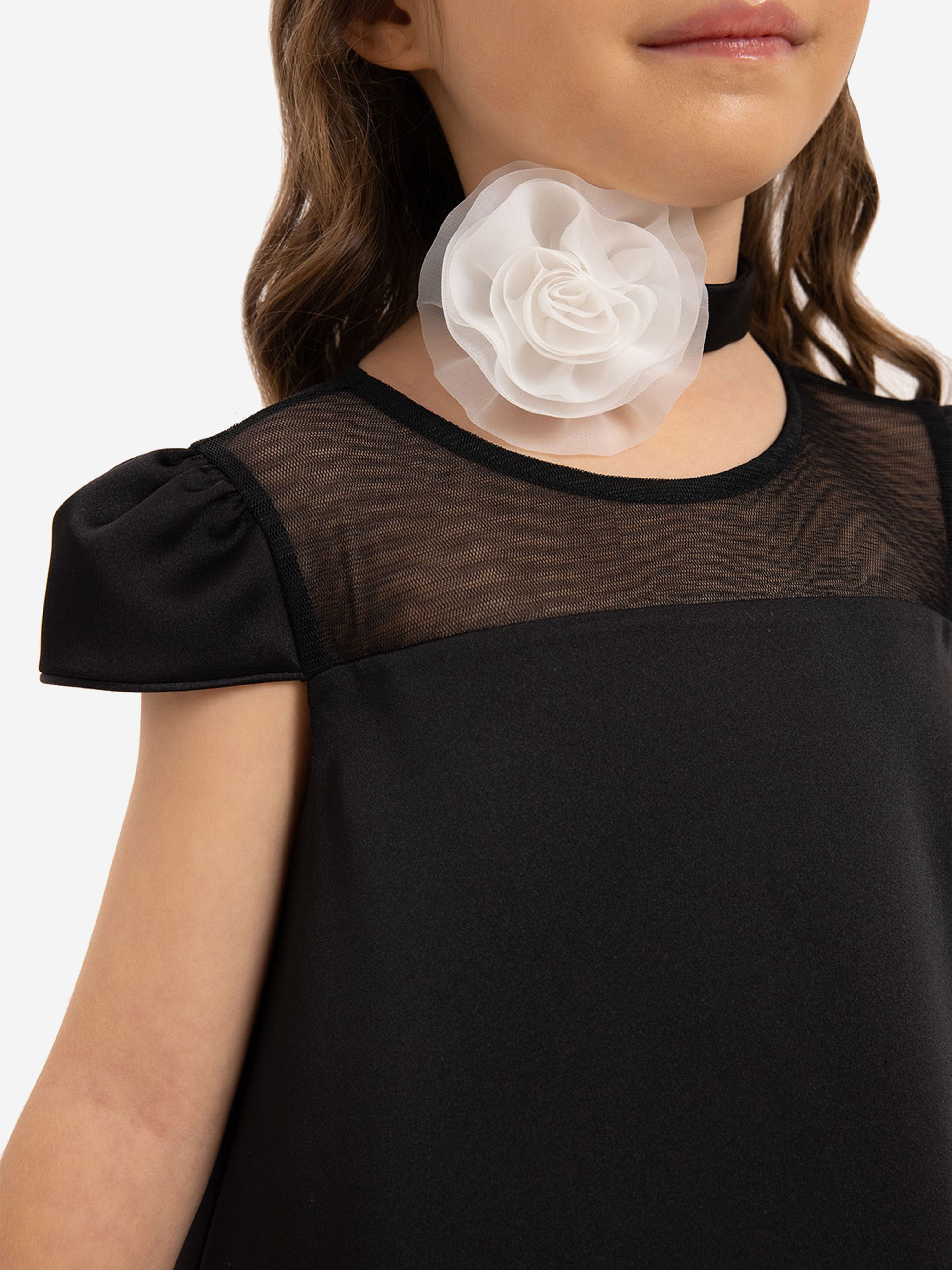 DRESS & Fleur Girls Black Satin Dress with Flower Choker and 3D Hem