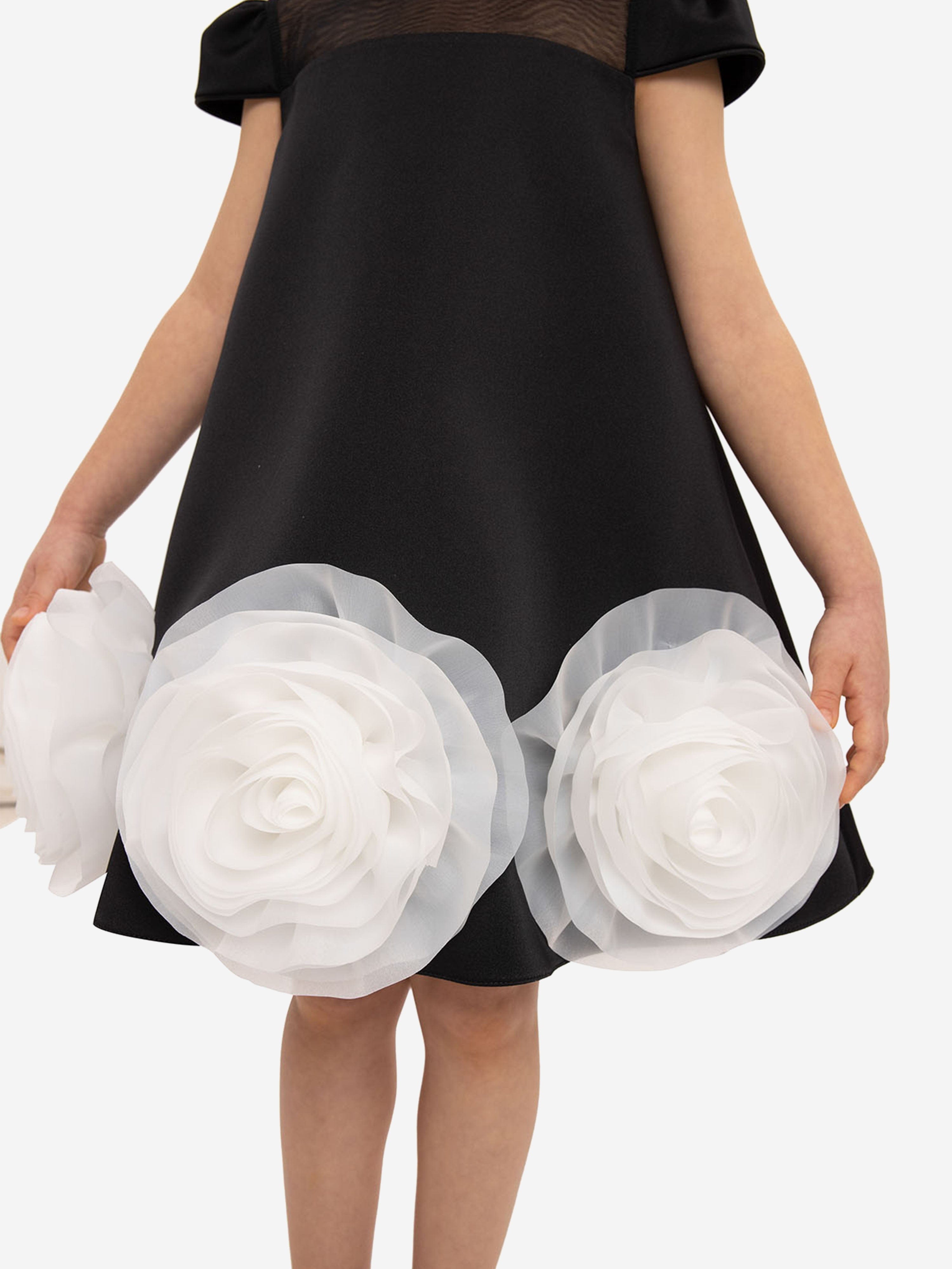 DRESS & Fleur Girls Black Satin Dress with Flower Choker and 3D Hem