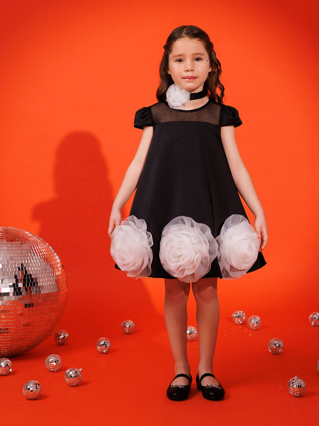 DRESS & Fleur Girls Black Satin Dress with Flower Choker and 3D Hem