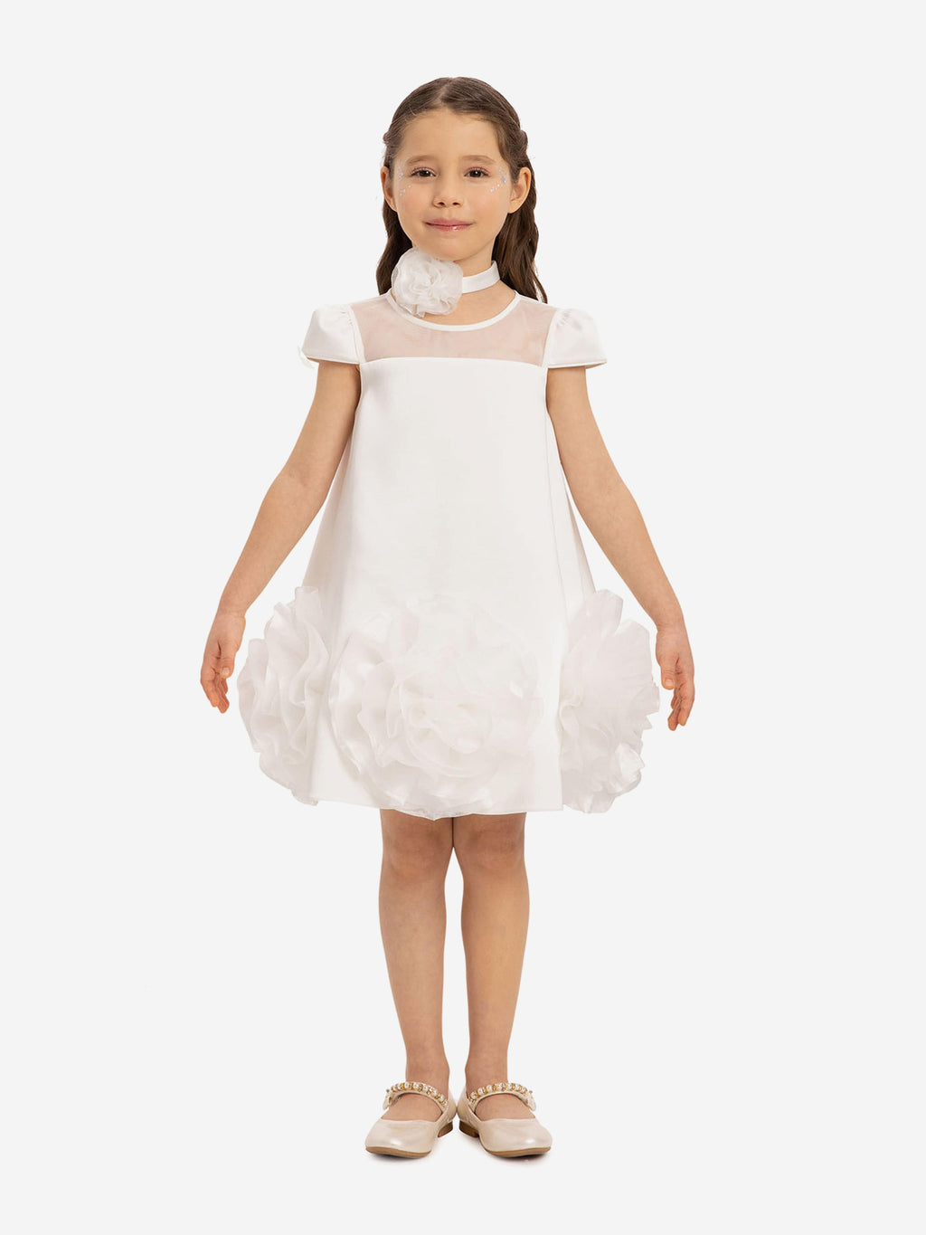 DRESS & Fleur Girls White Satin Dress with 3D Flower Choker