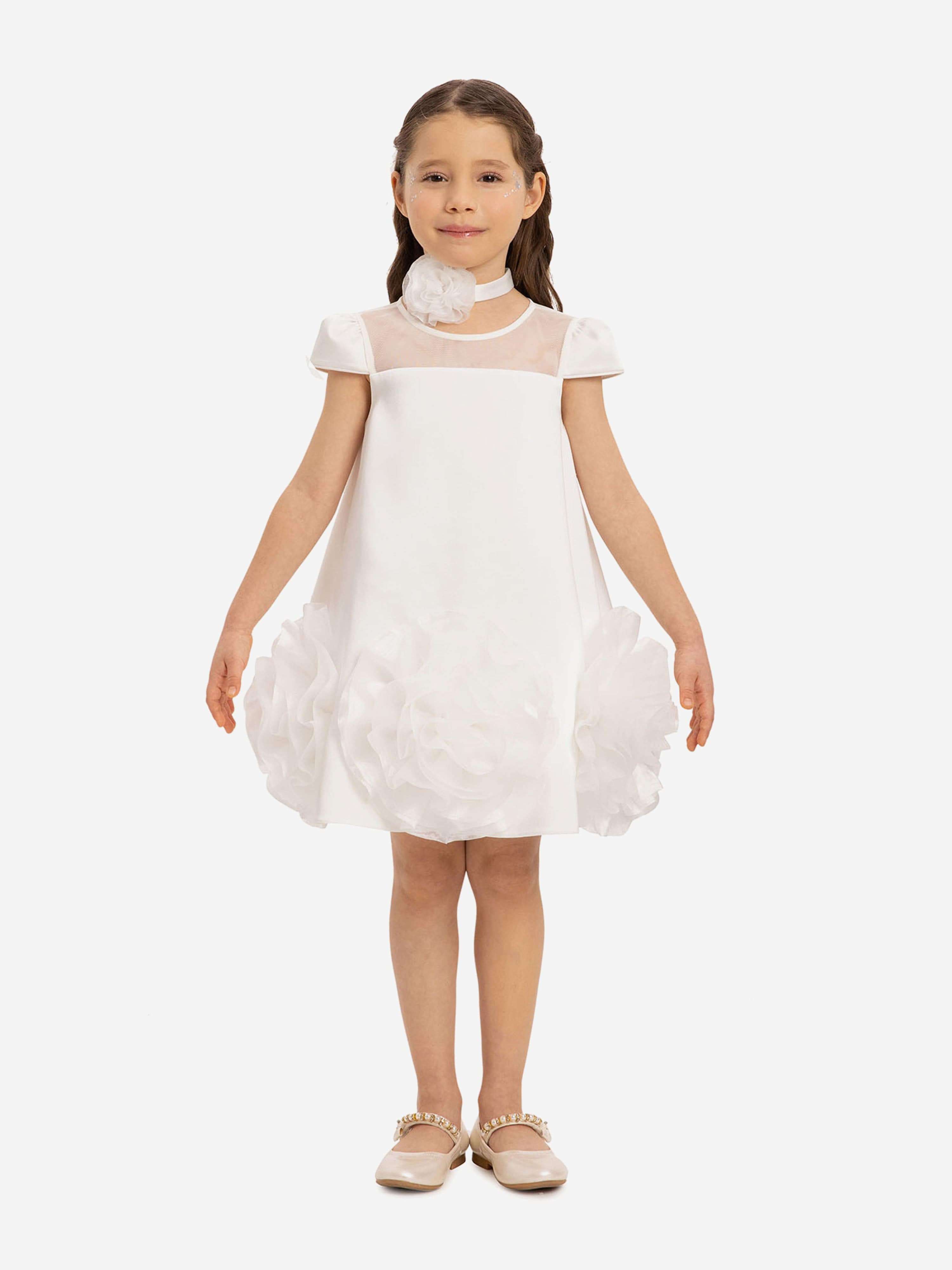 DRESS & Fleur Girls White Satin Dress with 3D Flower Choker