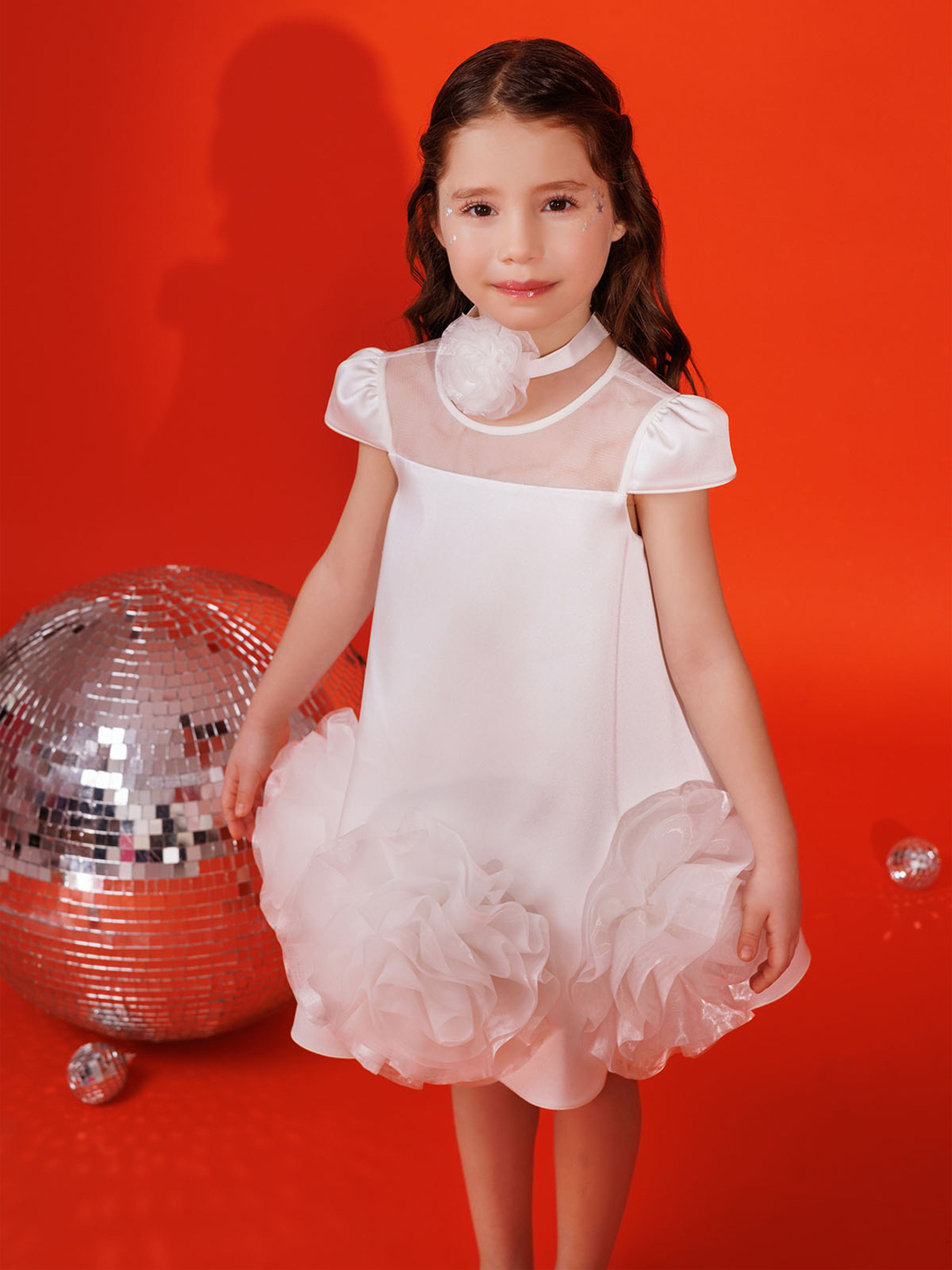 DRESS & Fleur Girls White Satin Dress with 3D Flower Choker