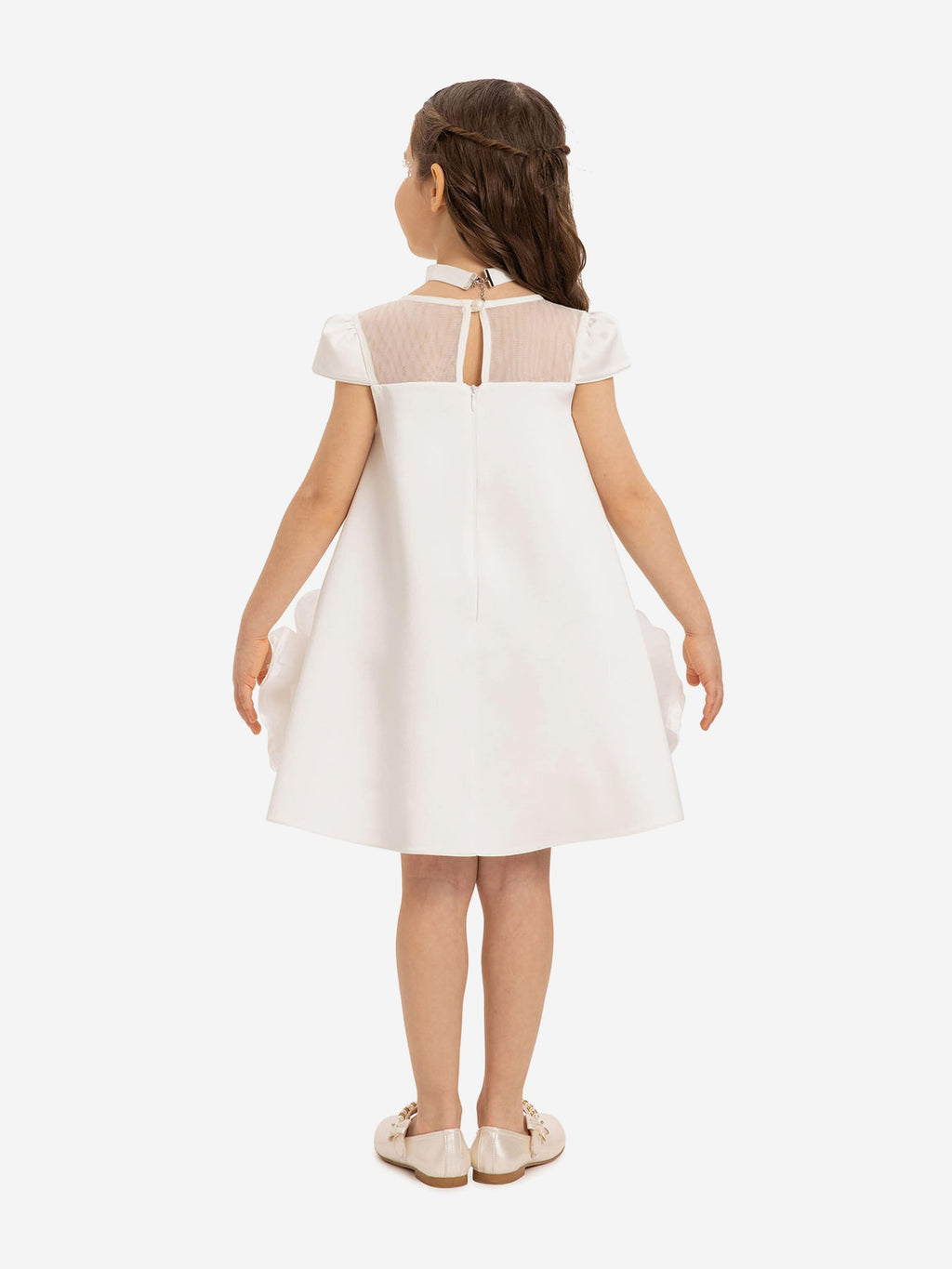 DRESS & Fleur Girls White Satin Dress with 3D Flower Choker