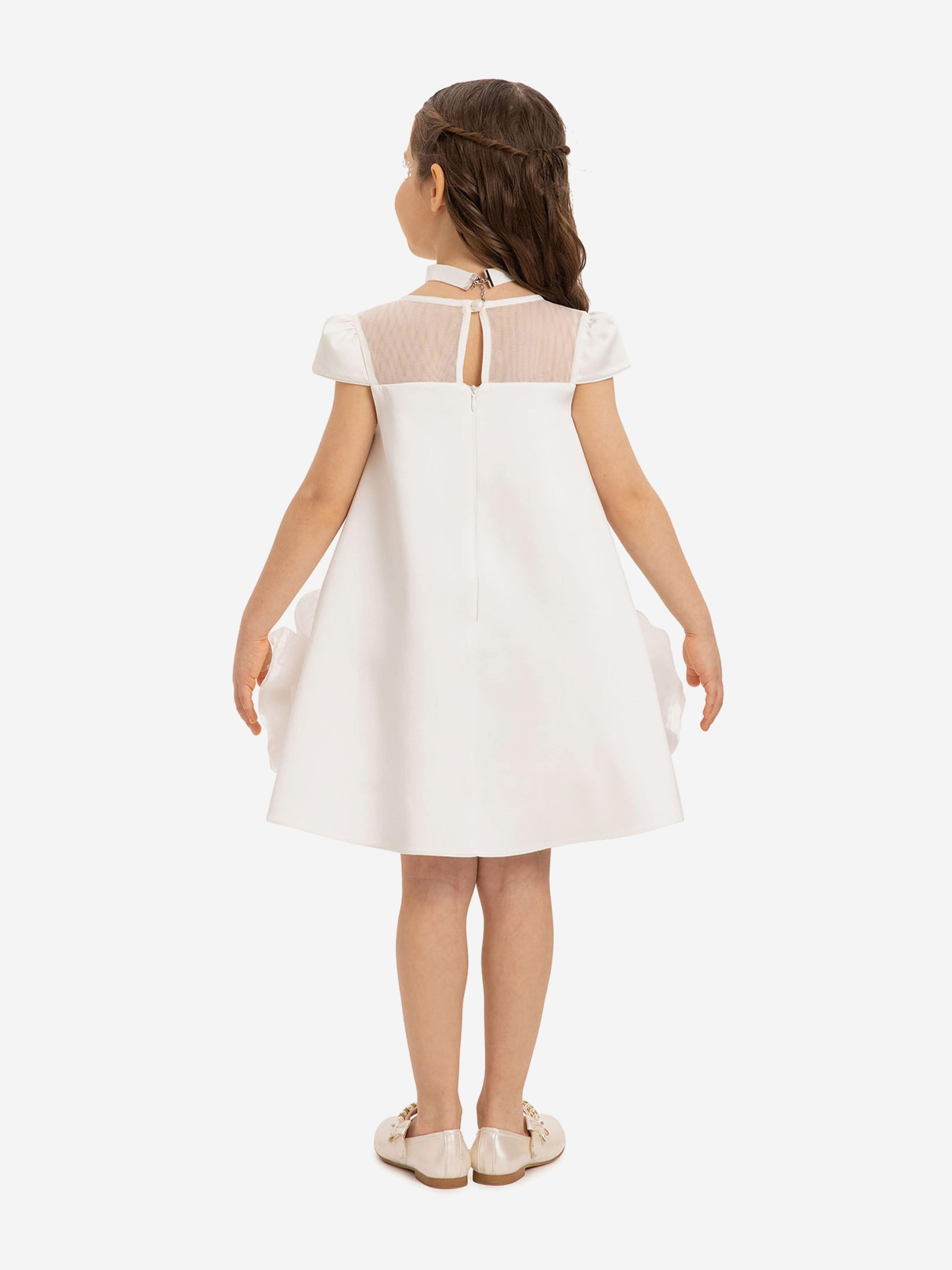 DRESS & Fleur Girls White Satin Dress with 3D Flower Choker