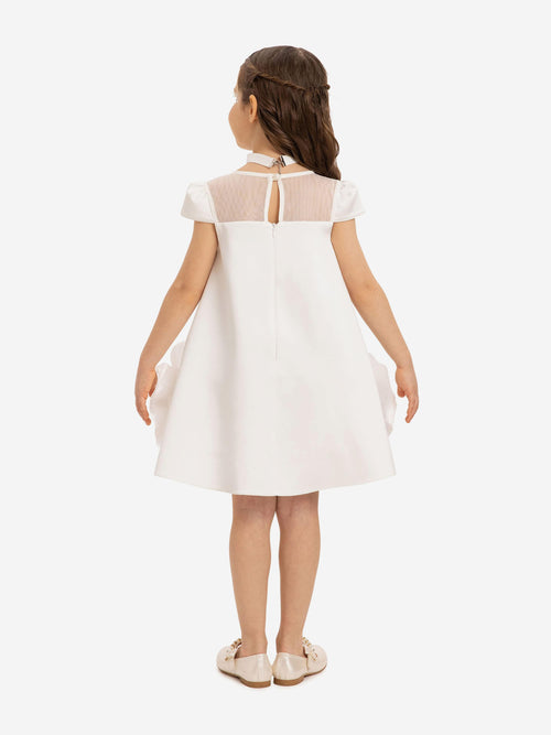 DRESS & Fleur Girls White Satin Dress with 3D Flower Choker