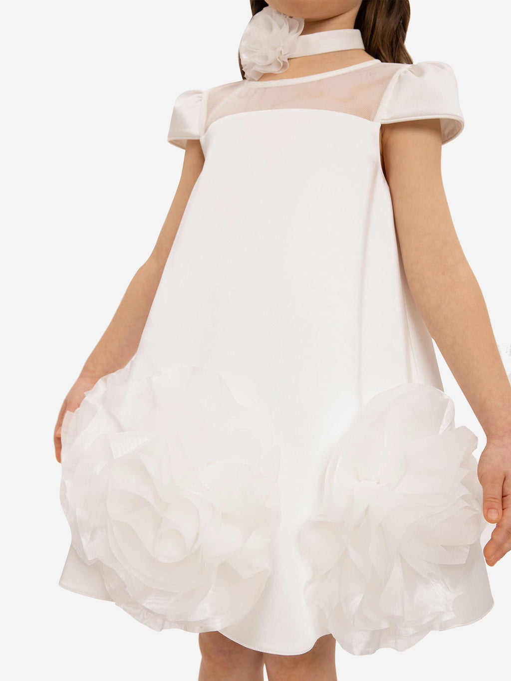 DRESS & Fleur Girls White Satin Dress with 3D Flower Choker