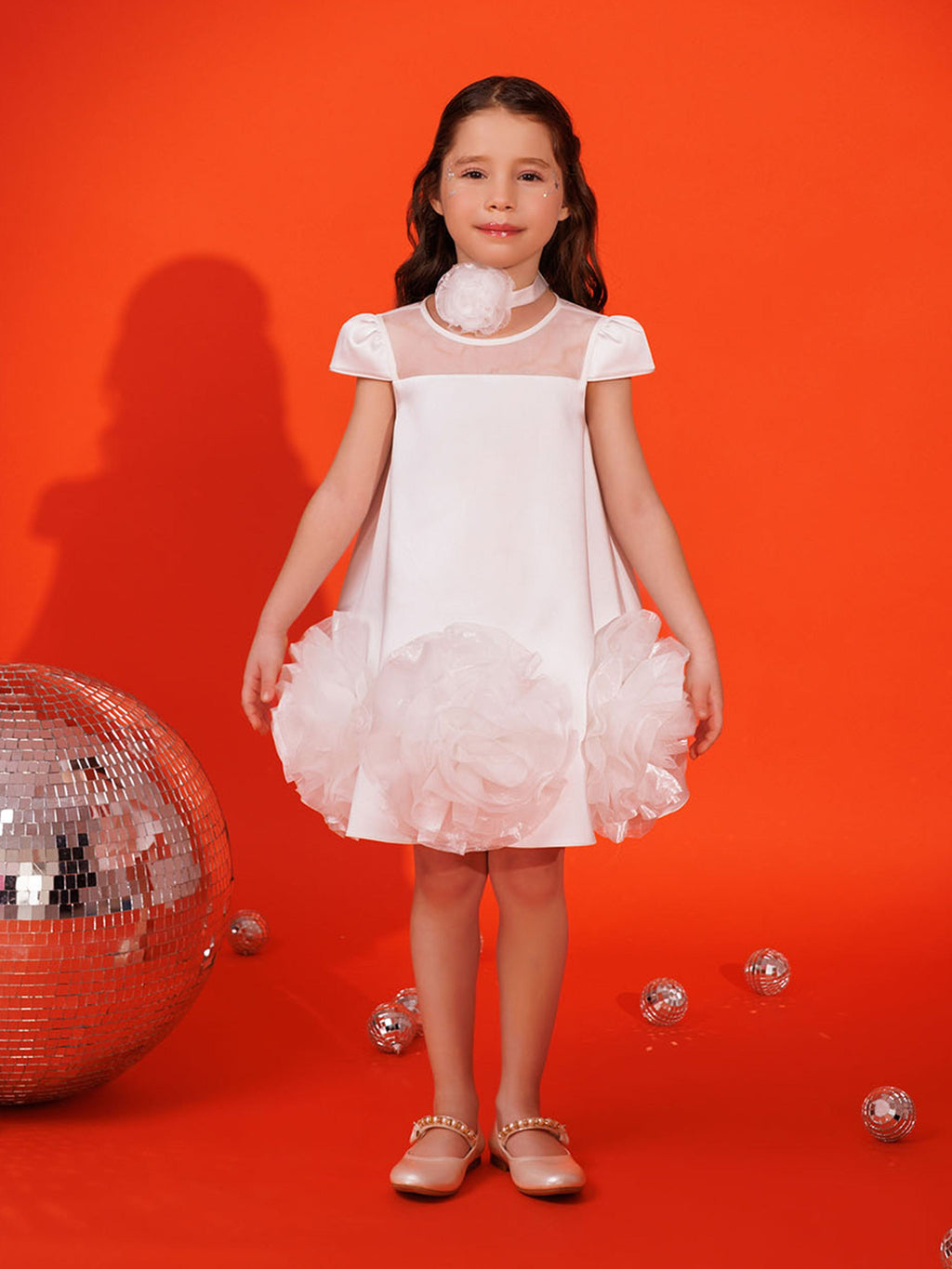 DRESS & Fleur Girls White Satin Dress with 3D Flower Choker