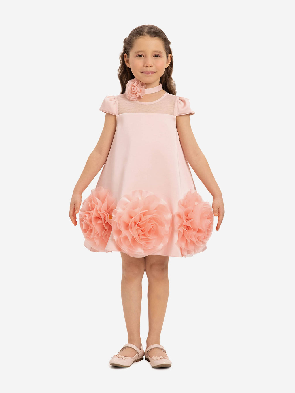 DRESS & Fleur Girls Pink Satin Dress with 3D Flower Choker | Childsplay