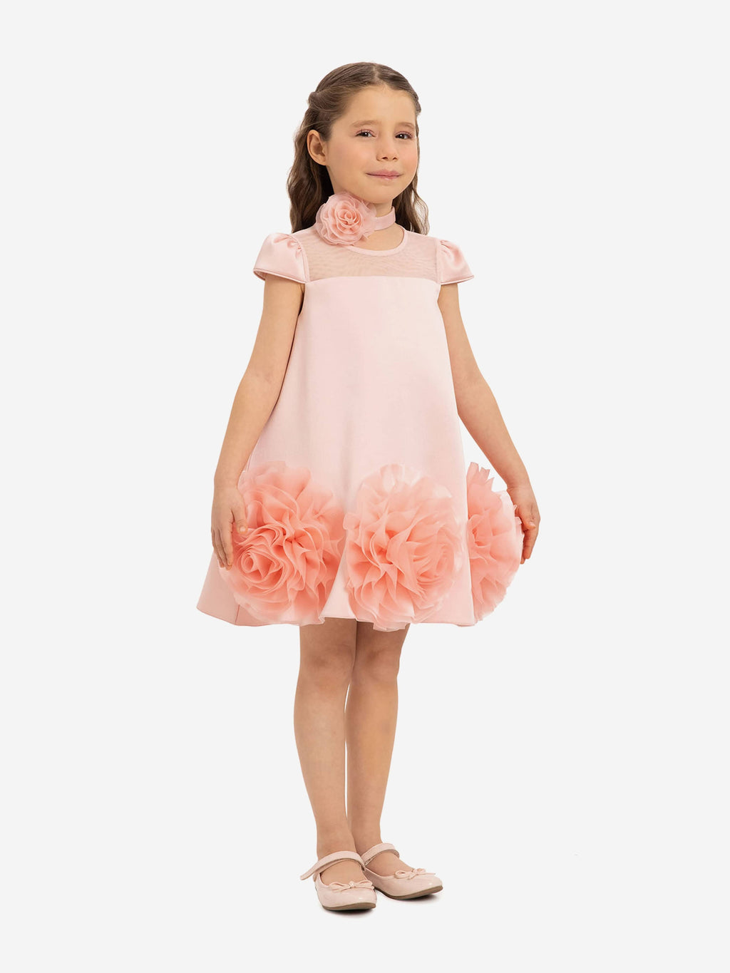 DRESS & Fleur Girls Pink Satin Dress with 3D Flower Choker | Childsplay
