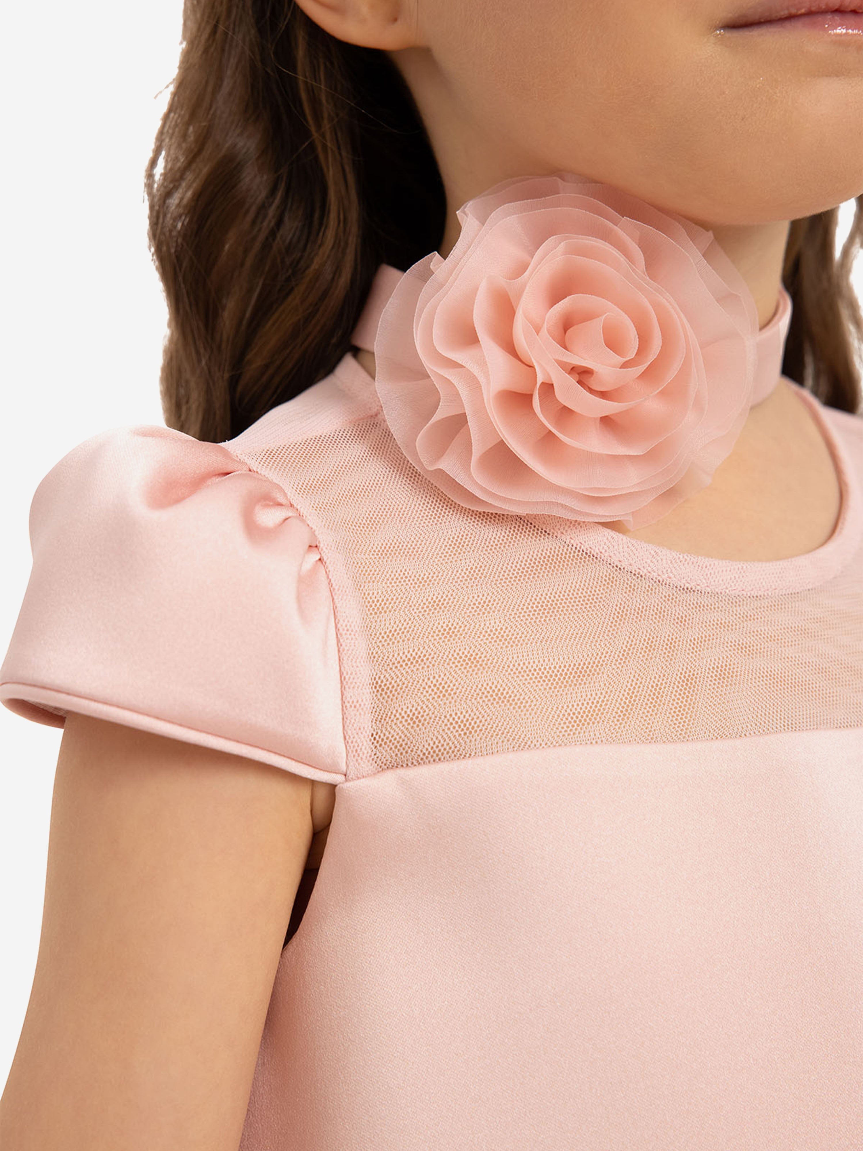 DRESS & Fleur Girls Pink Satin Dress with 3D Flower Choker | Childsplay