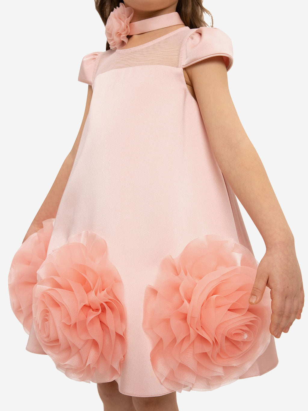DRESS & Fleur Girls Pink Satin Dress with 3D Flower Choker | Childsplay